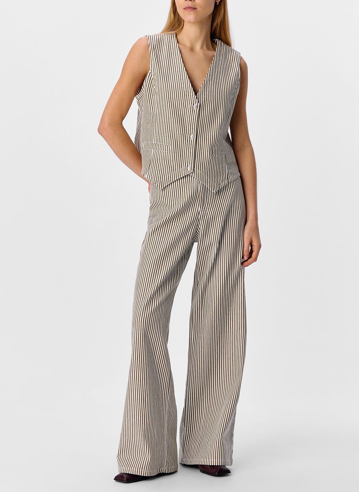 Wide leg striped cotton blend jeans OBJECT Beige