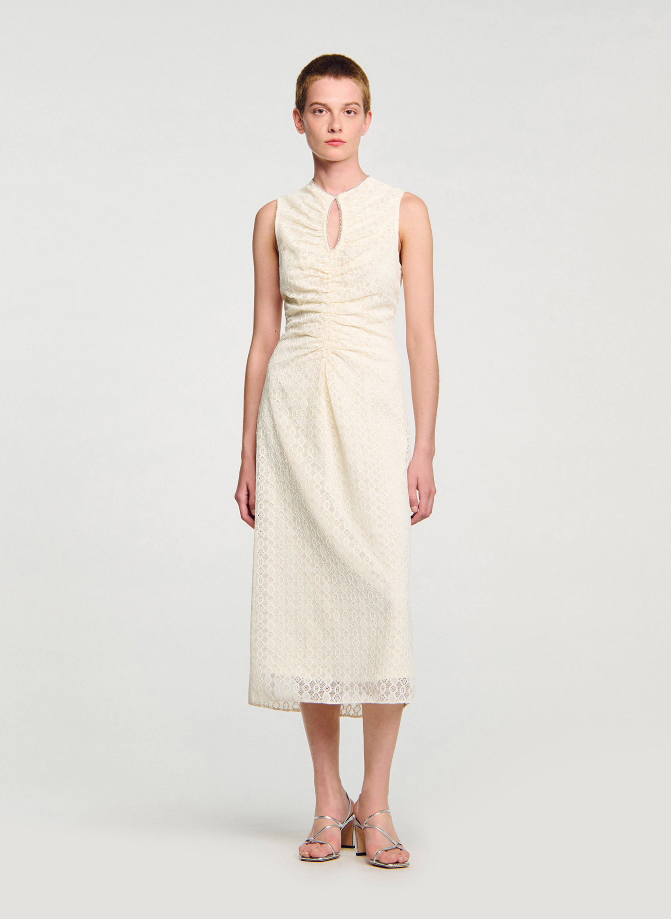 Lange jurk van kant met ronde hals SANDRO Wit