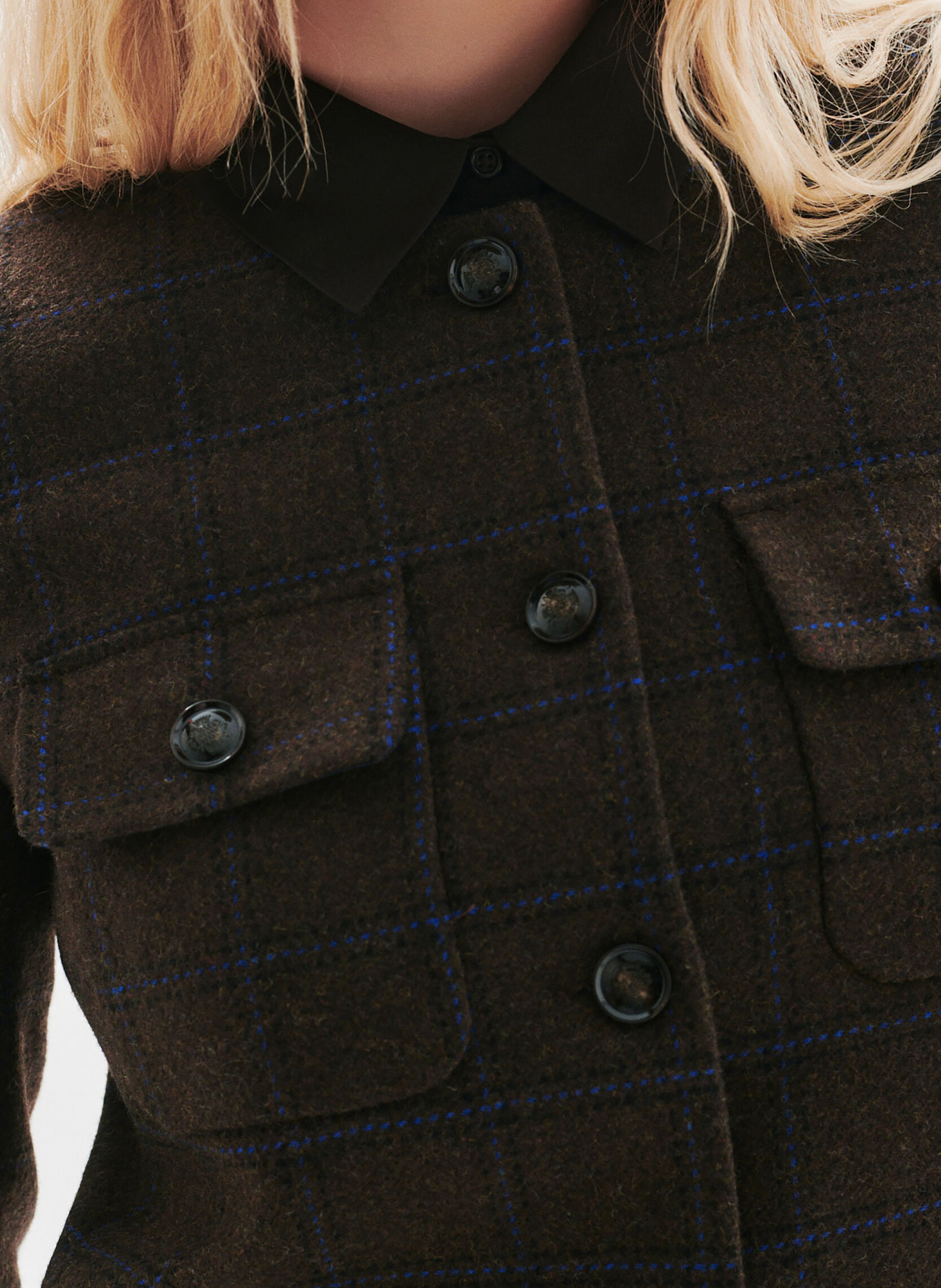 Short straight round neck wool blend jacket CAROLL Brown