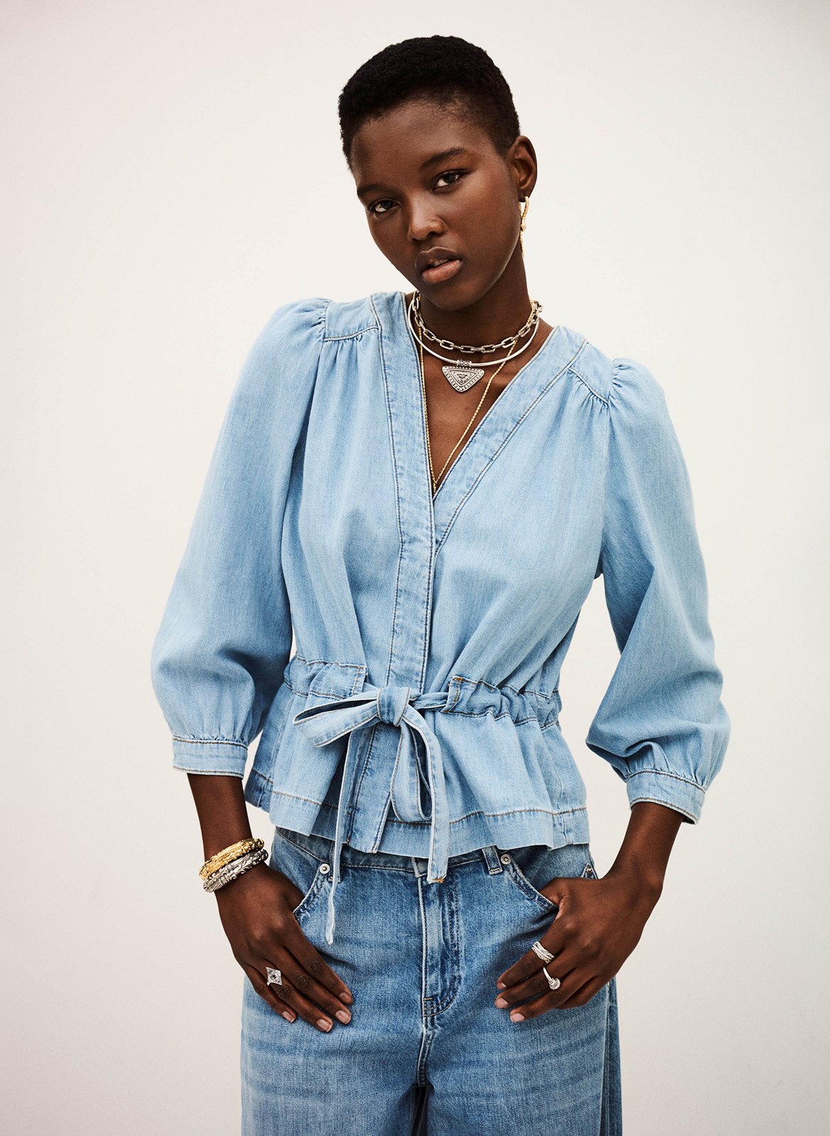 Straight cotton V-neck top BA&amp;SH Blue