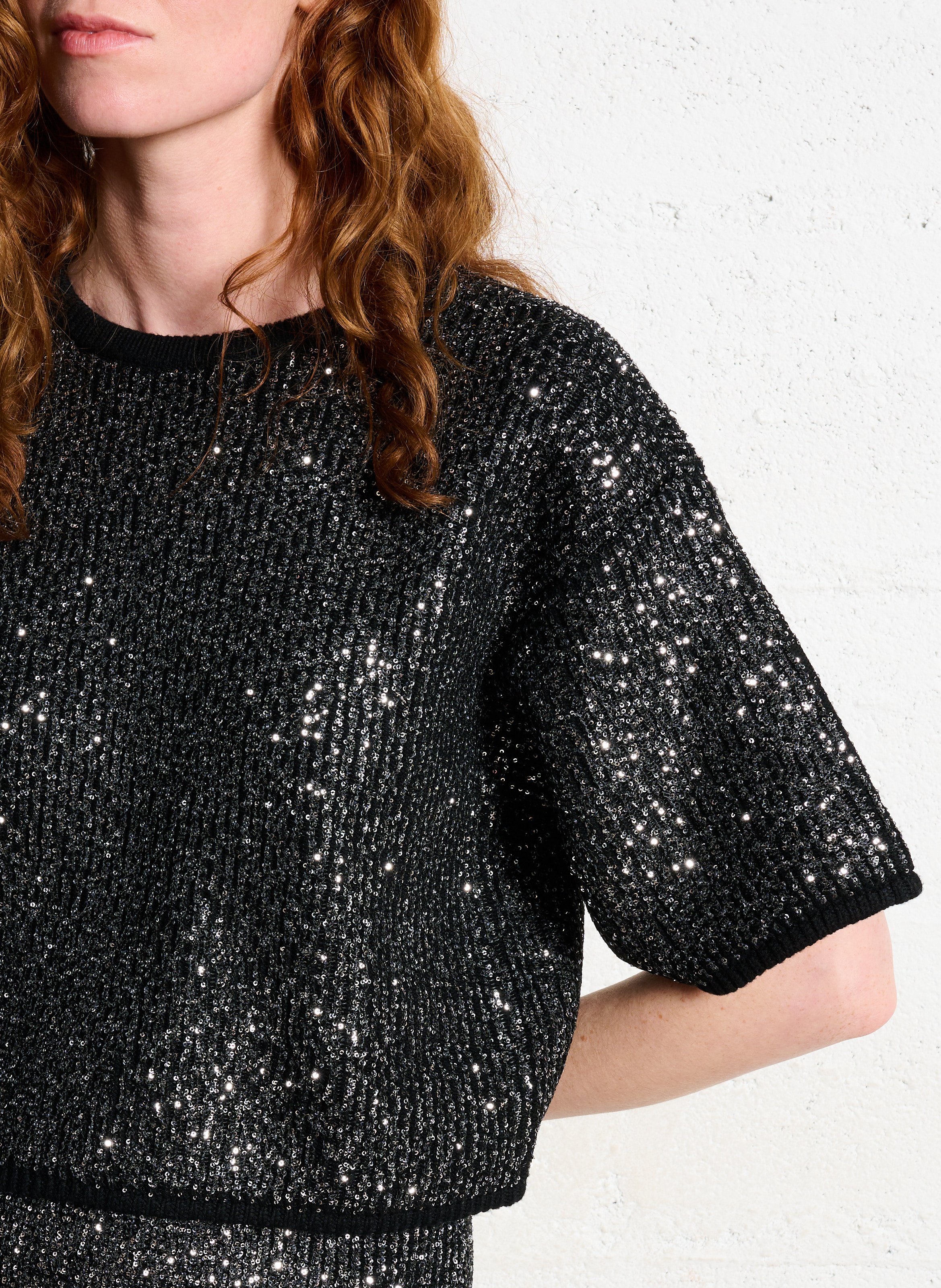 Oversized round neck sweater with sequins Black
