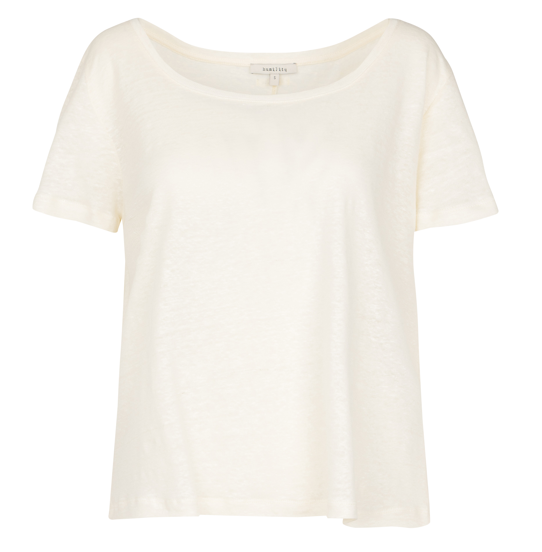 Losvallend recht linnen T-shirt met een flammé effect. HUMILITY