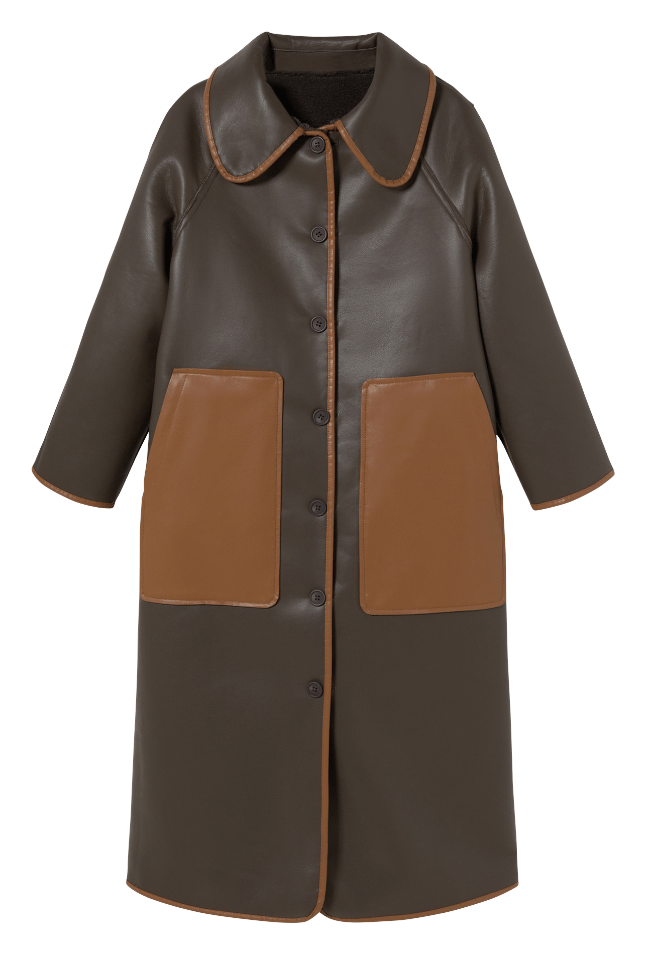 Straight coat with classic collar in faux leather THE TINY BIG SISTER Brown