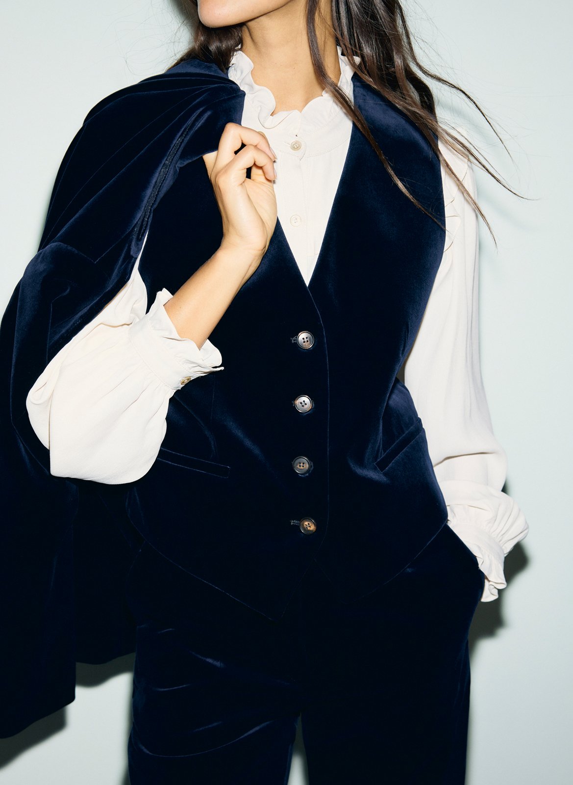 Straight velvet v-neck cotton blend blazer GERARD DAREL Blue