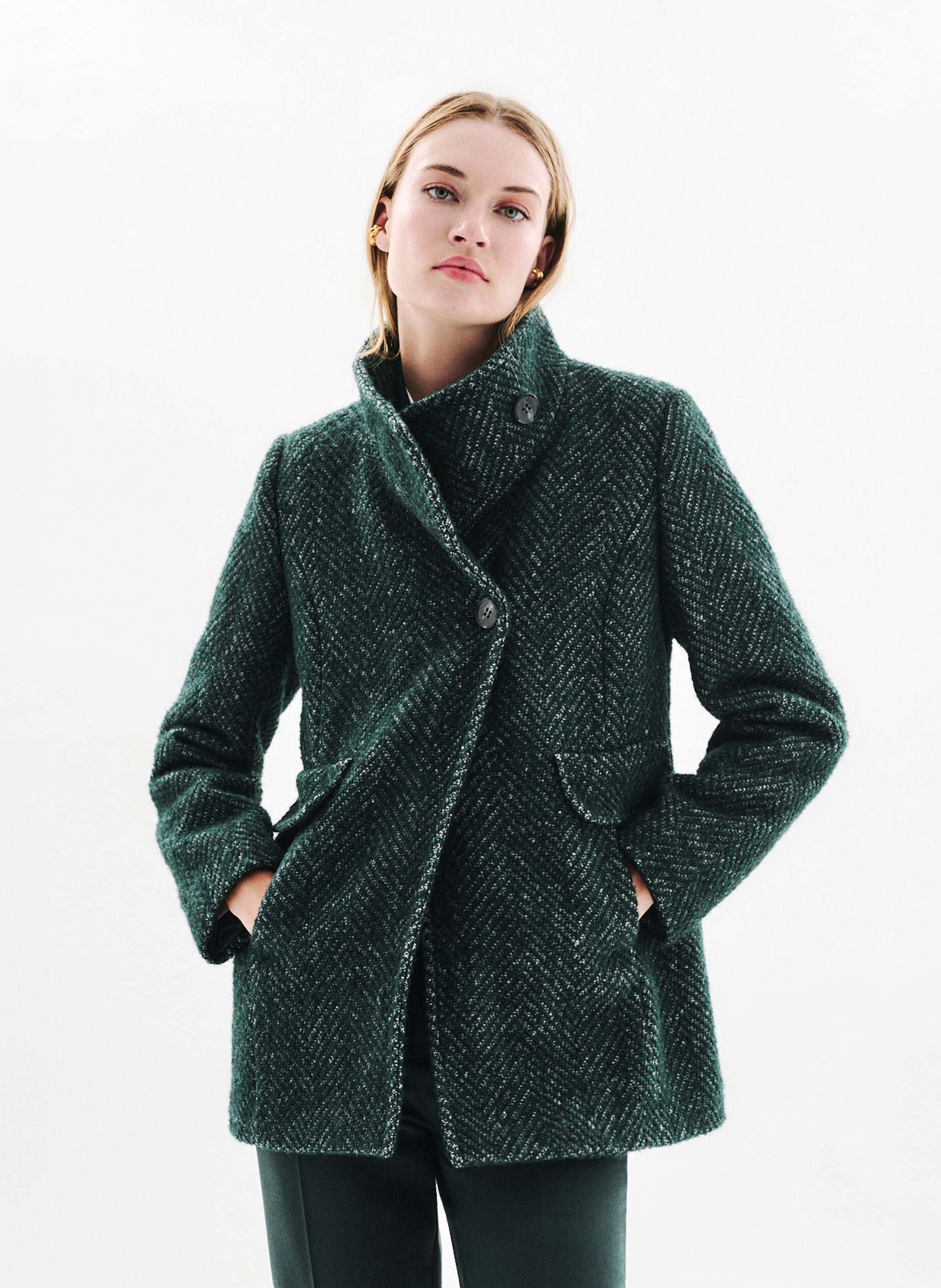 Manteau droit en laine recyclée mélangée CAROLL Vert