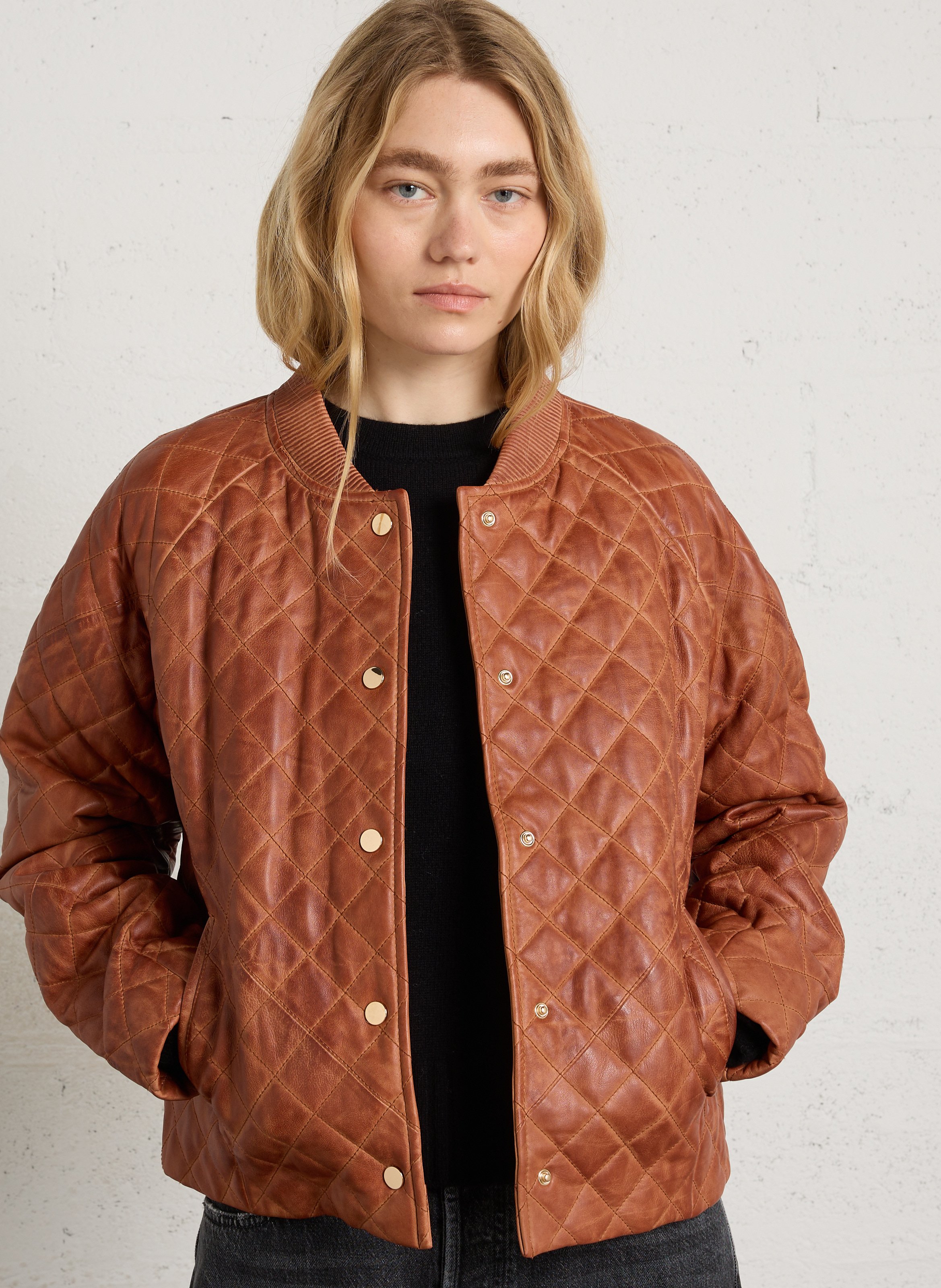 Veste oversize matelassée en cuir MAISON 123 Beige