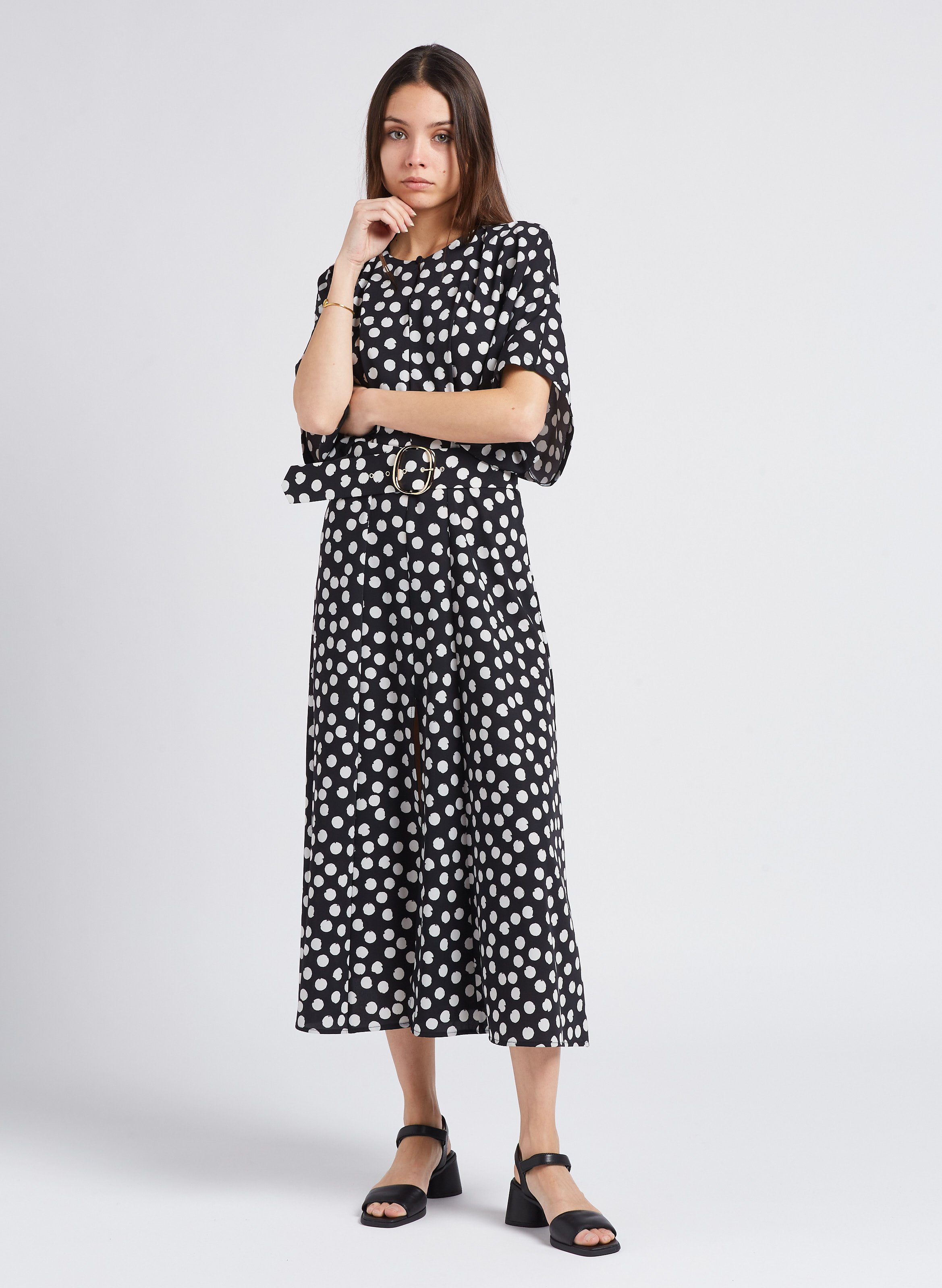 Long fitted polka-dot dress with batwing sleeves IMPERIAL Black