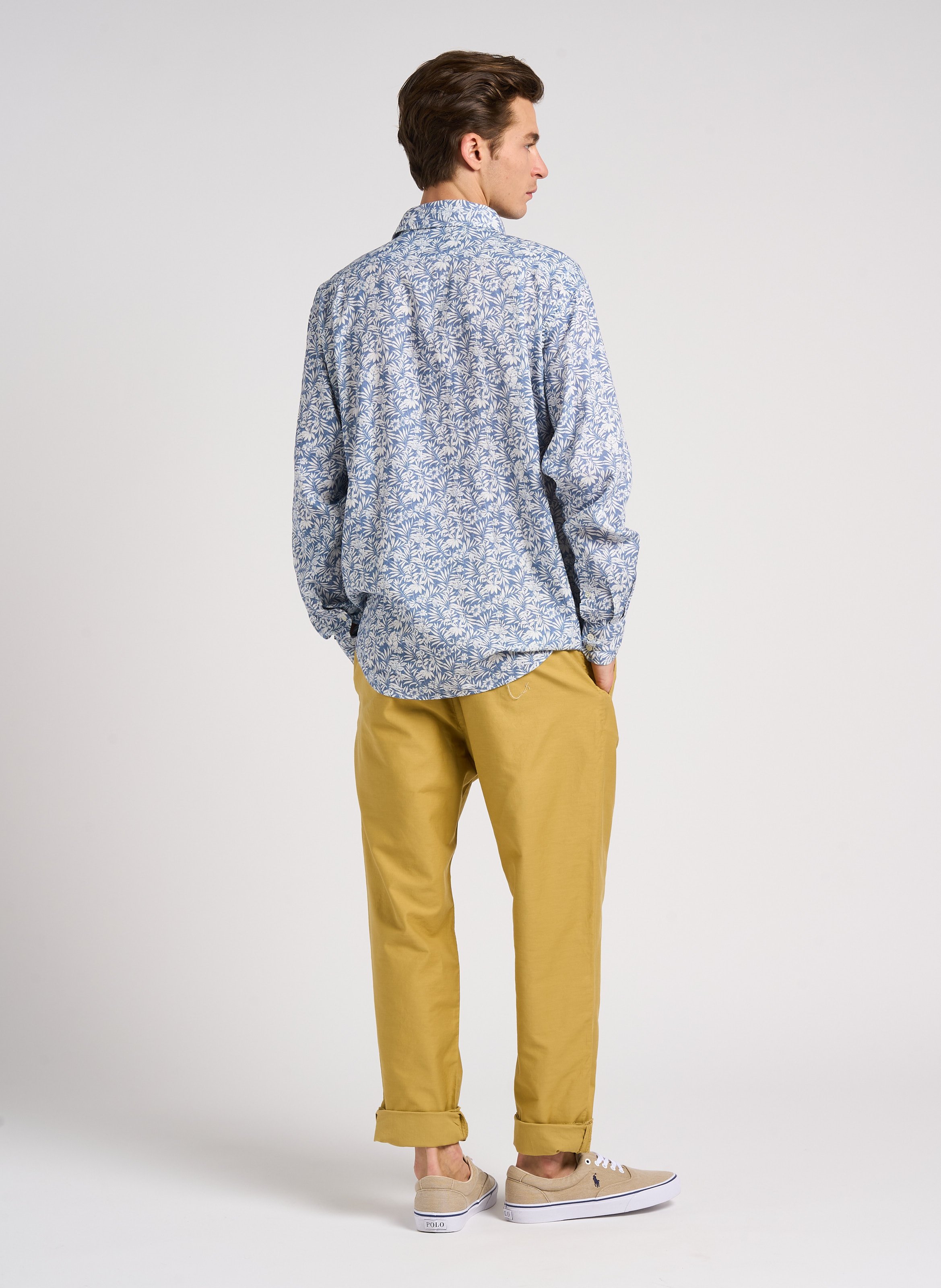 Regular-fit overhemd met plantaardige print in gemengd linnen Blauw