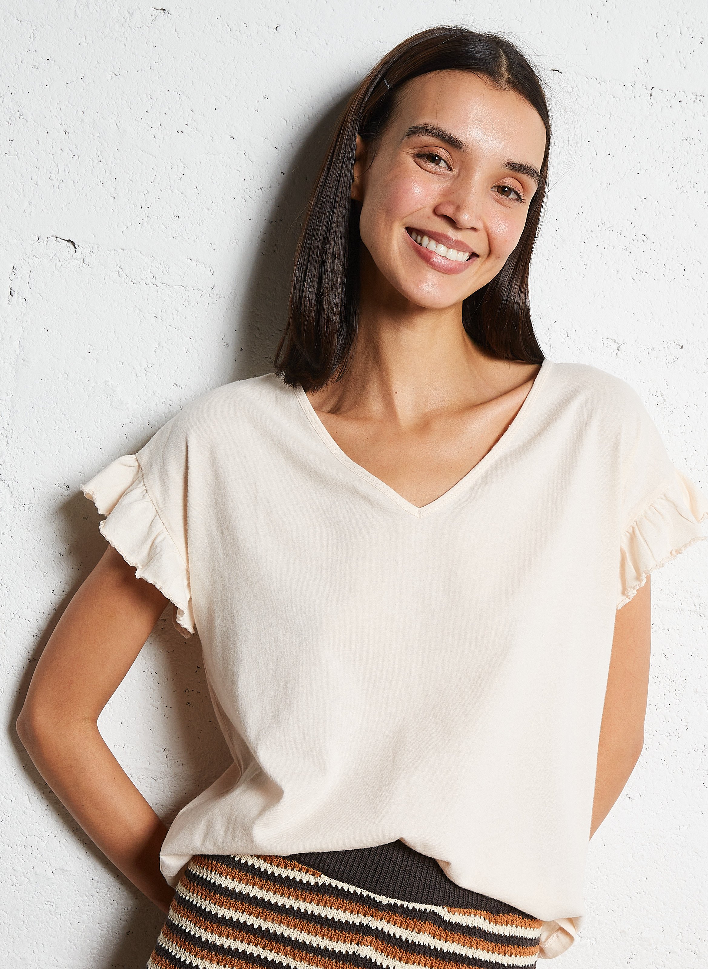 T-Shirt aus Bio-Baumwolle mit V-Ausschnitt EMILE ET IDA Beige