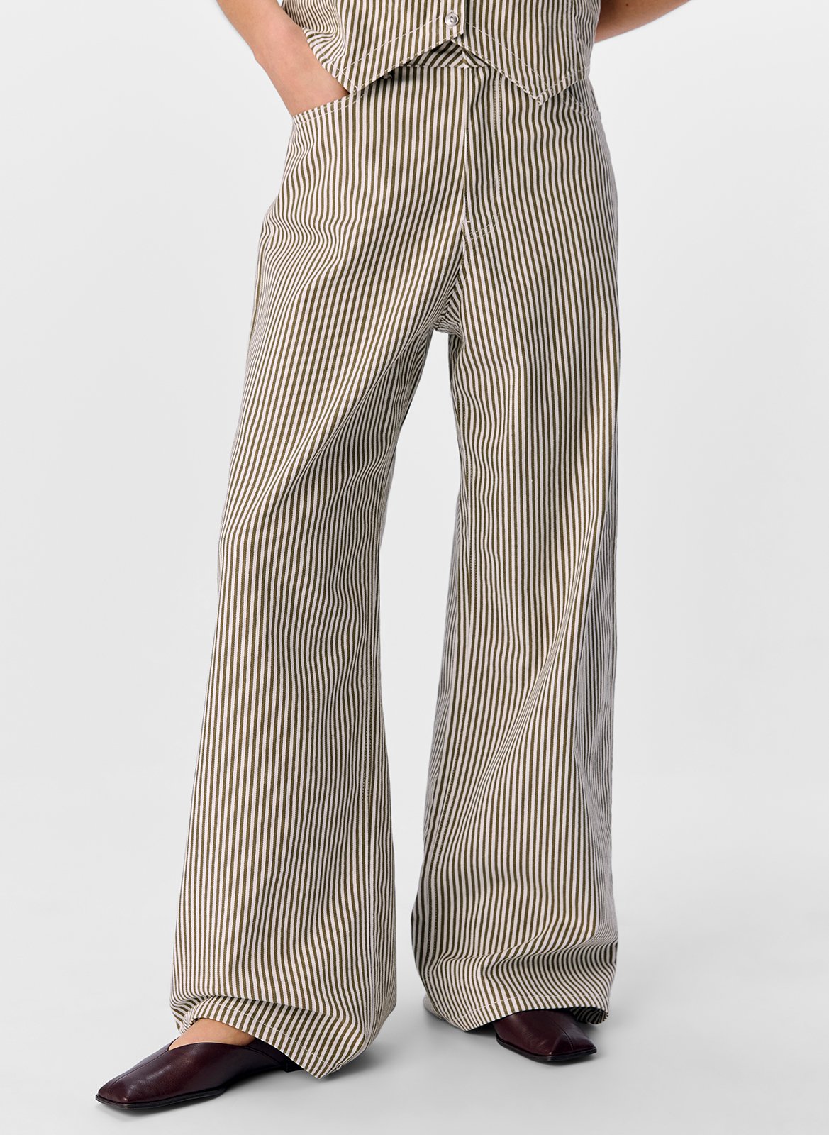 Wide leg striped cotton blend jeans OBJECT Beige