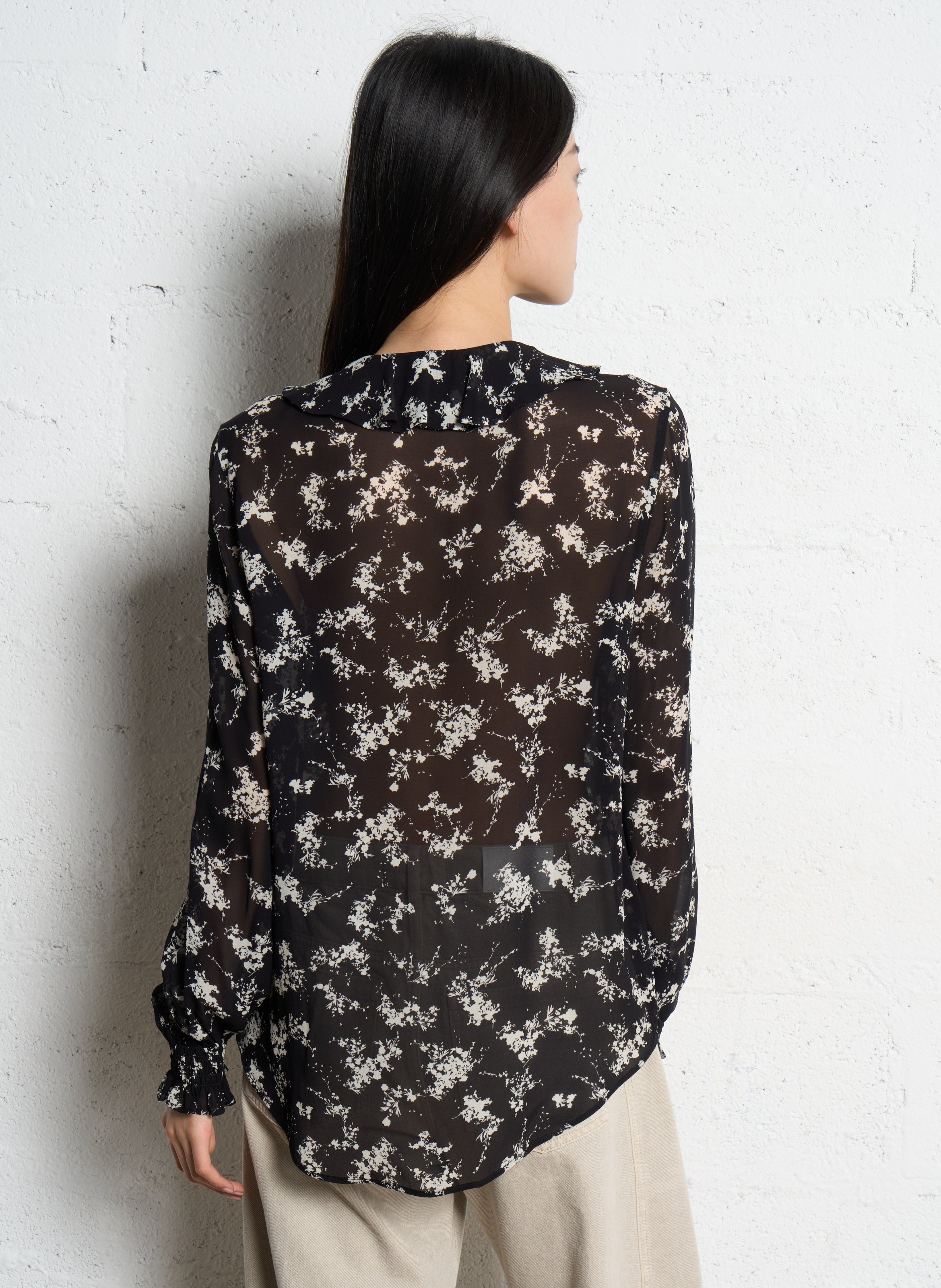Flowy printed shirt with ruffles IKKS Black