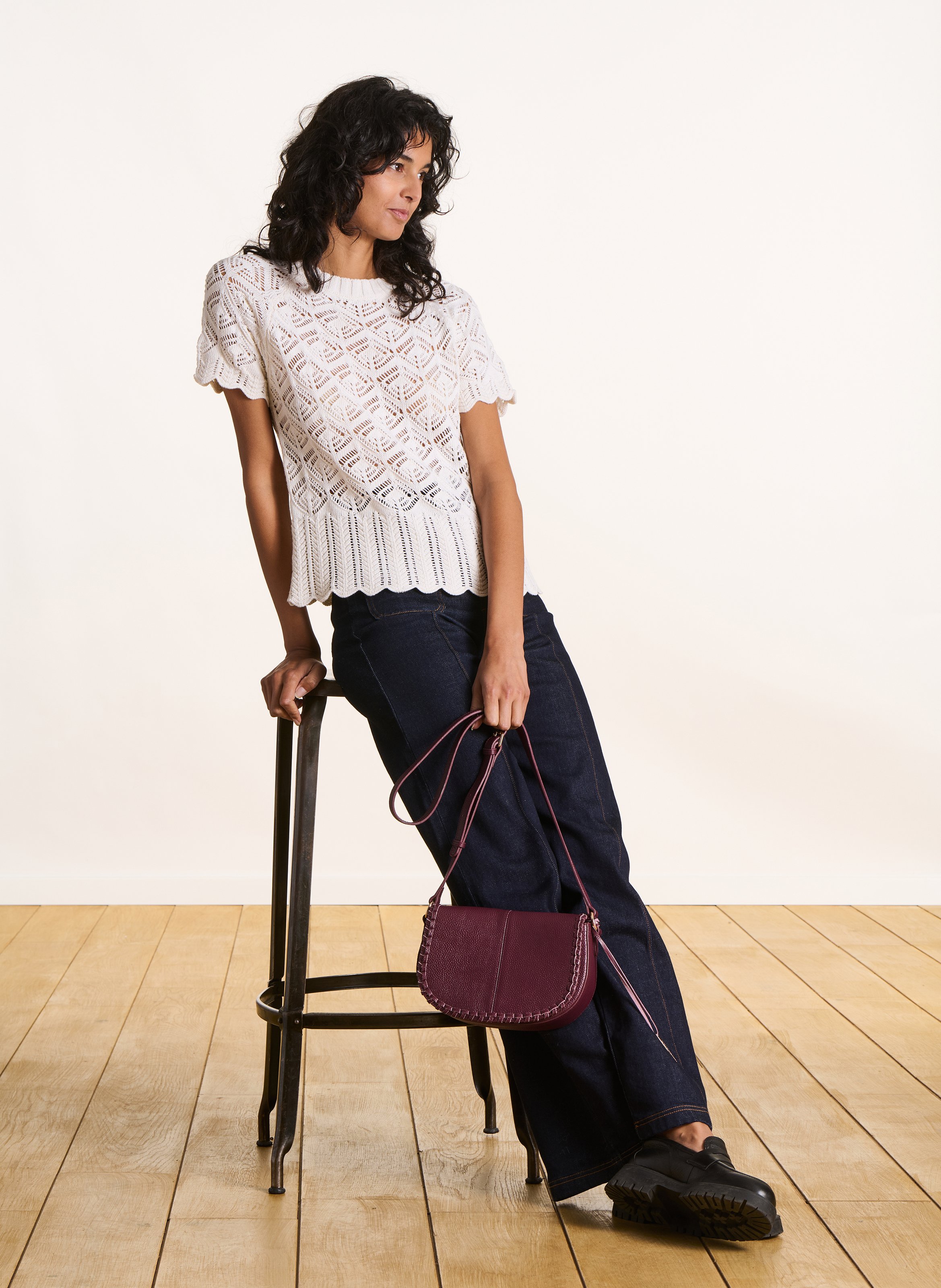 Pull col rond en maille ajourée LA FEE MARABOUTEE Blanc