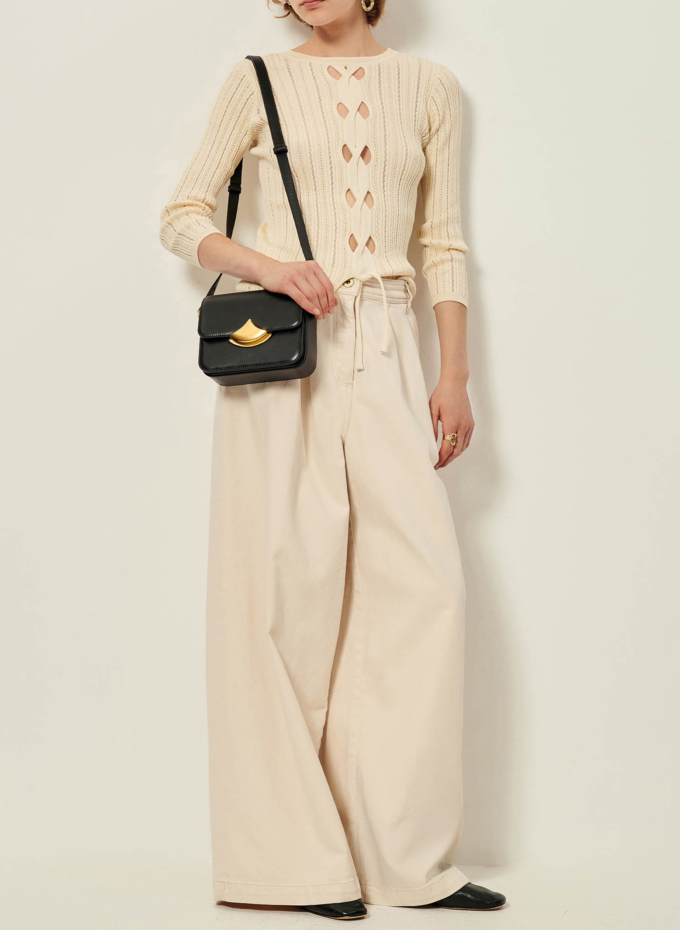 Three-quarter sleeve knit cotton sweater with cutouts SESSUN Beige