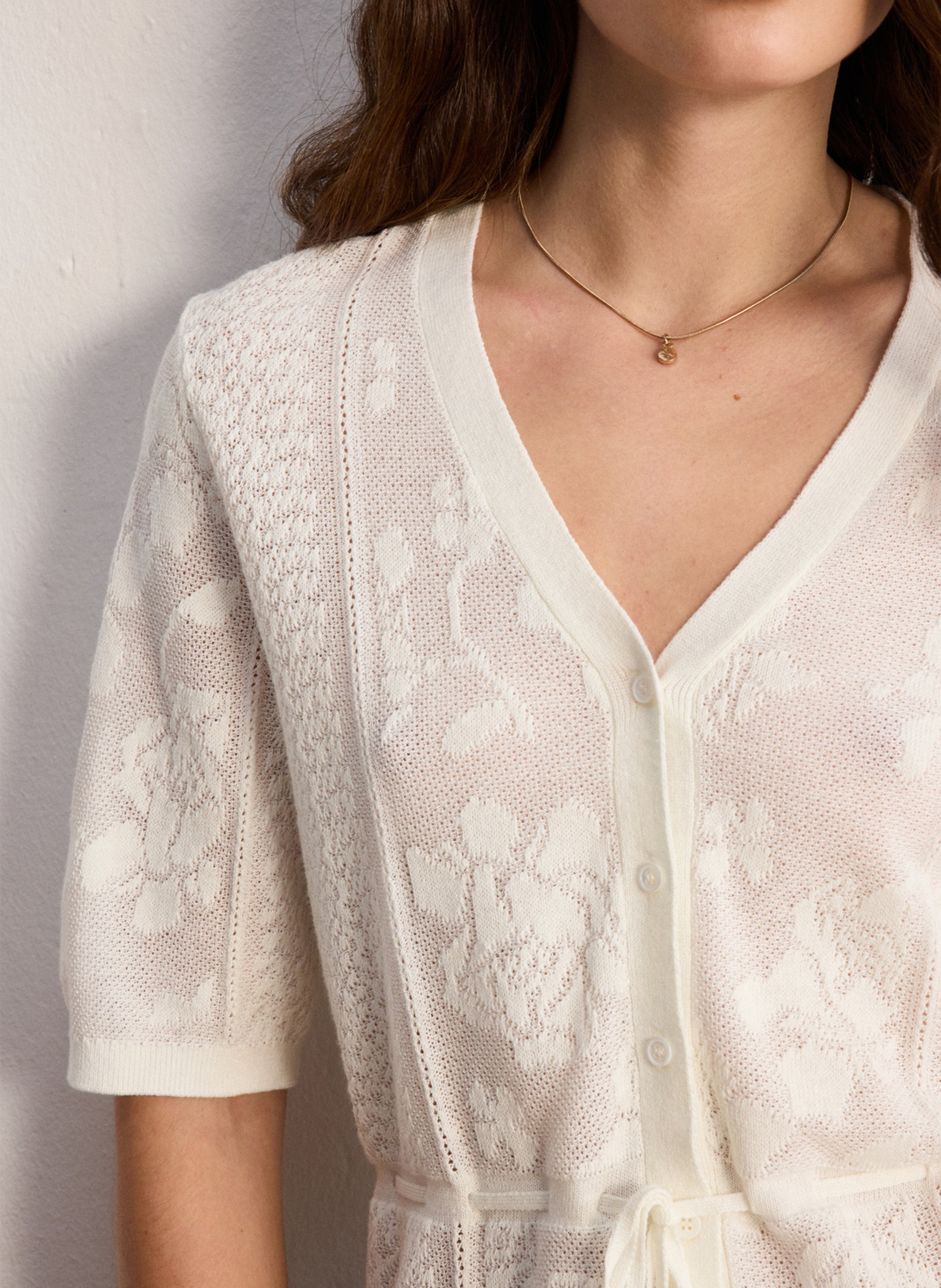 Gilet droit col V en coton mélangé PABLO Beige