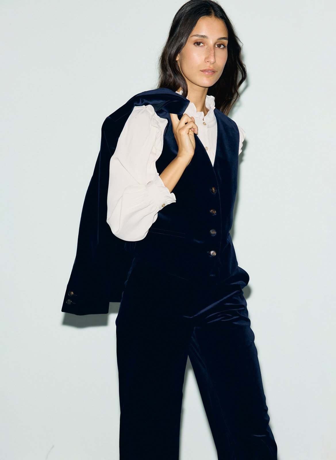 Straight velvet v-neck cotton blend blazer GERARD DAREL Blue