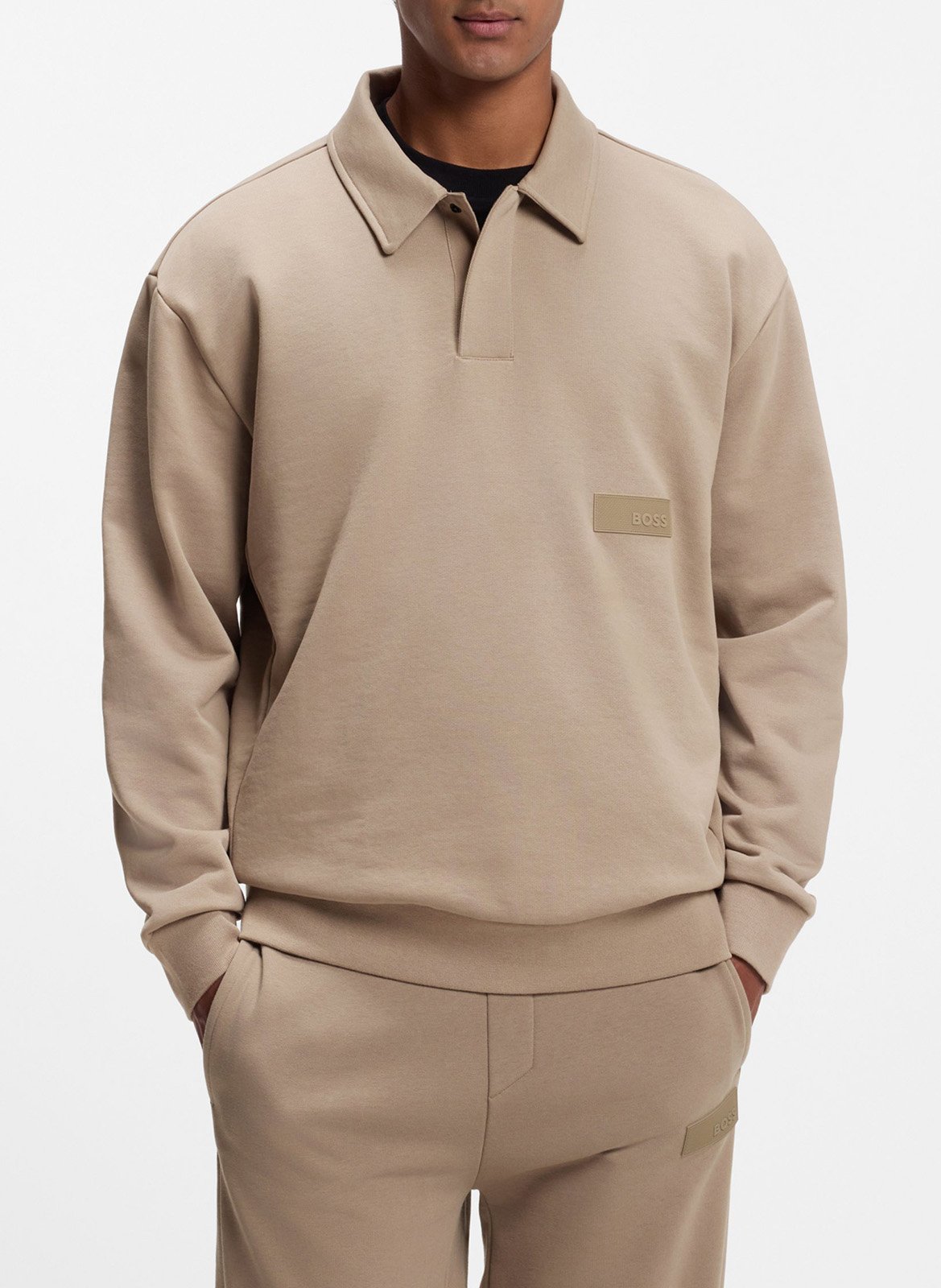 Straight plain sweatshirt in fleece BOSS Khaki
