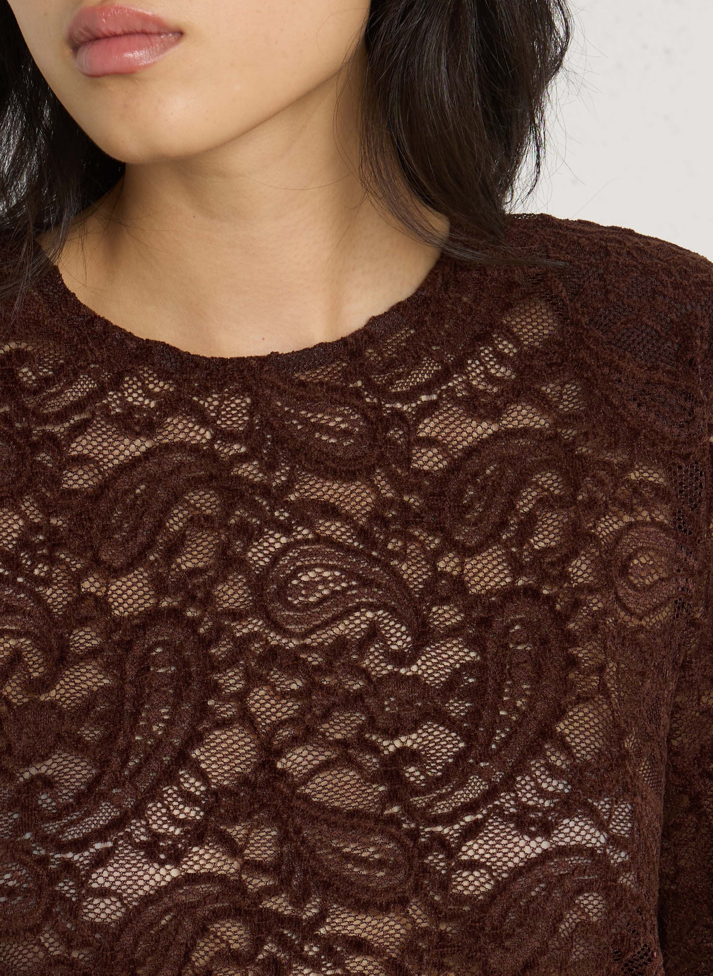 Top droit manches longues en dentelle PLEASE Marron