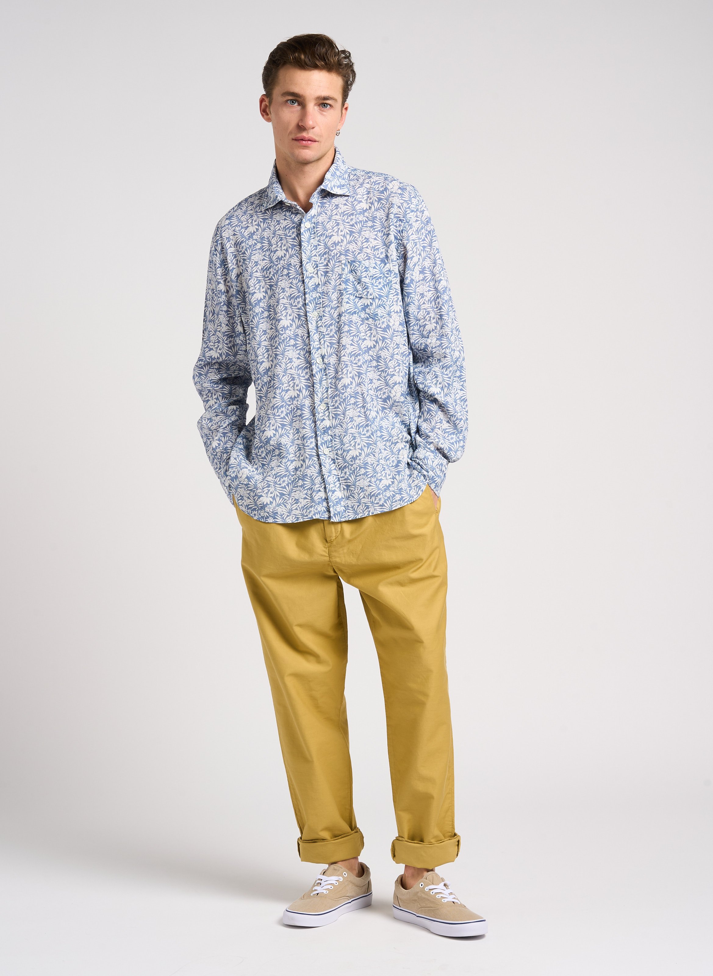 Regular-fit overhemd met plantaardige print in gemengd linnen Blauw