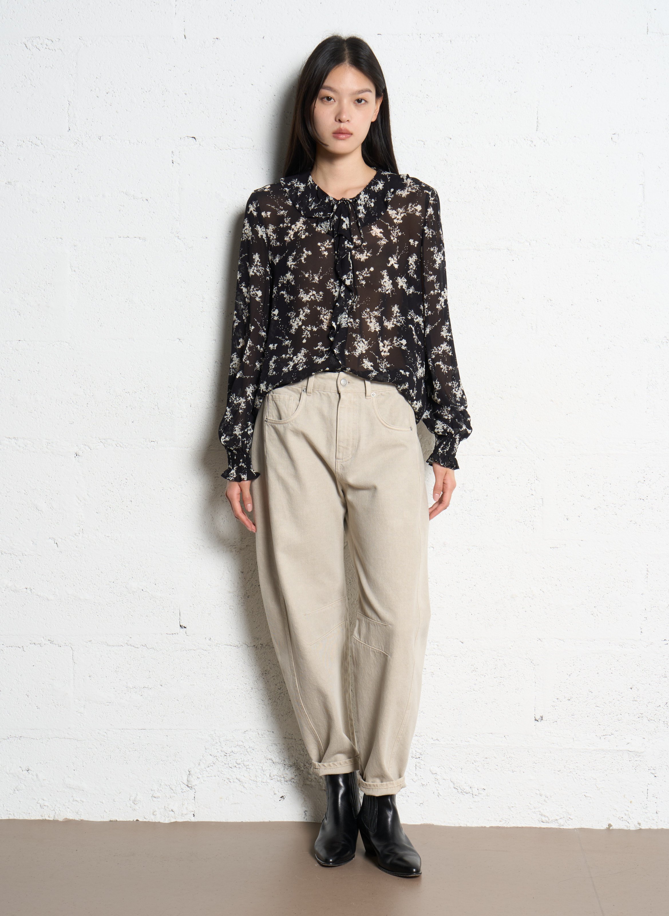 Flowy printed shirt with ruffles IKKS Black