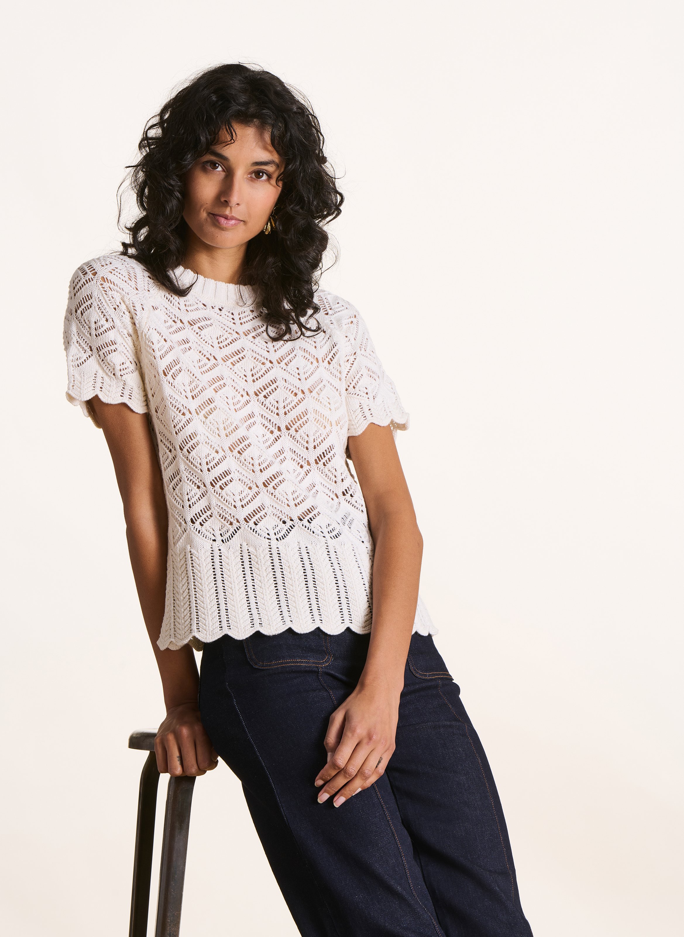 Pull col rond en maille ajourée LA FEE MARABOUTEE Blanc