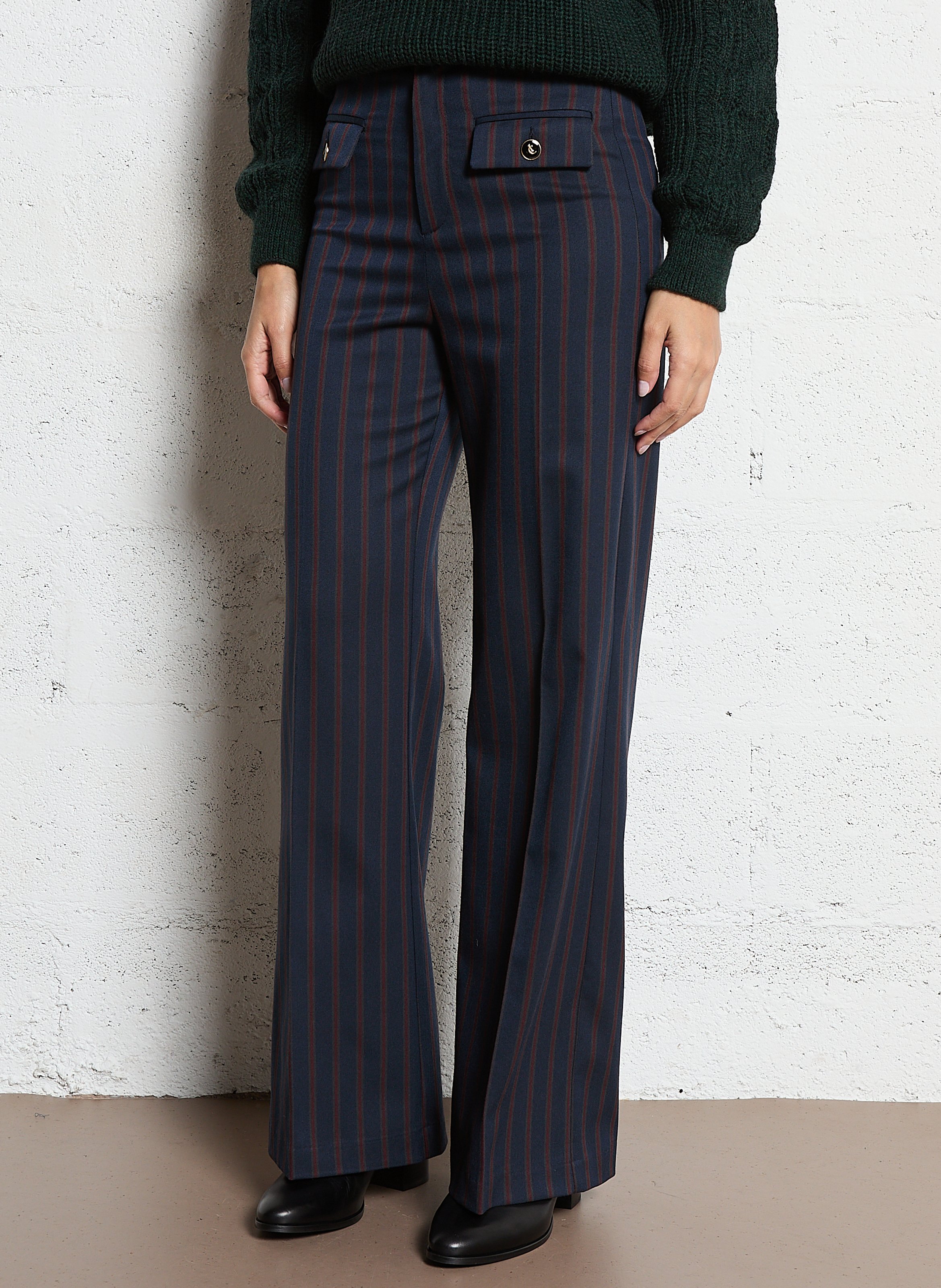 Pantalon évasé taille haute à rayures I CODE Bleu