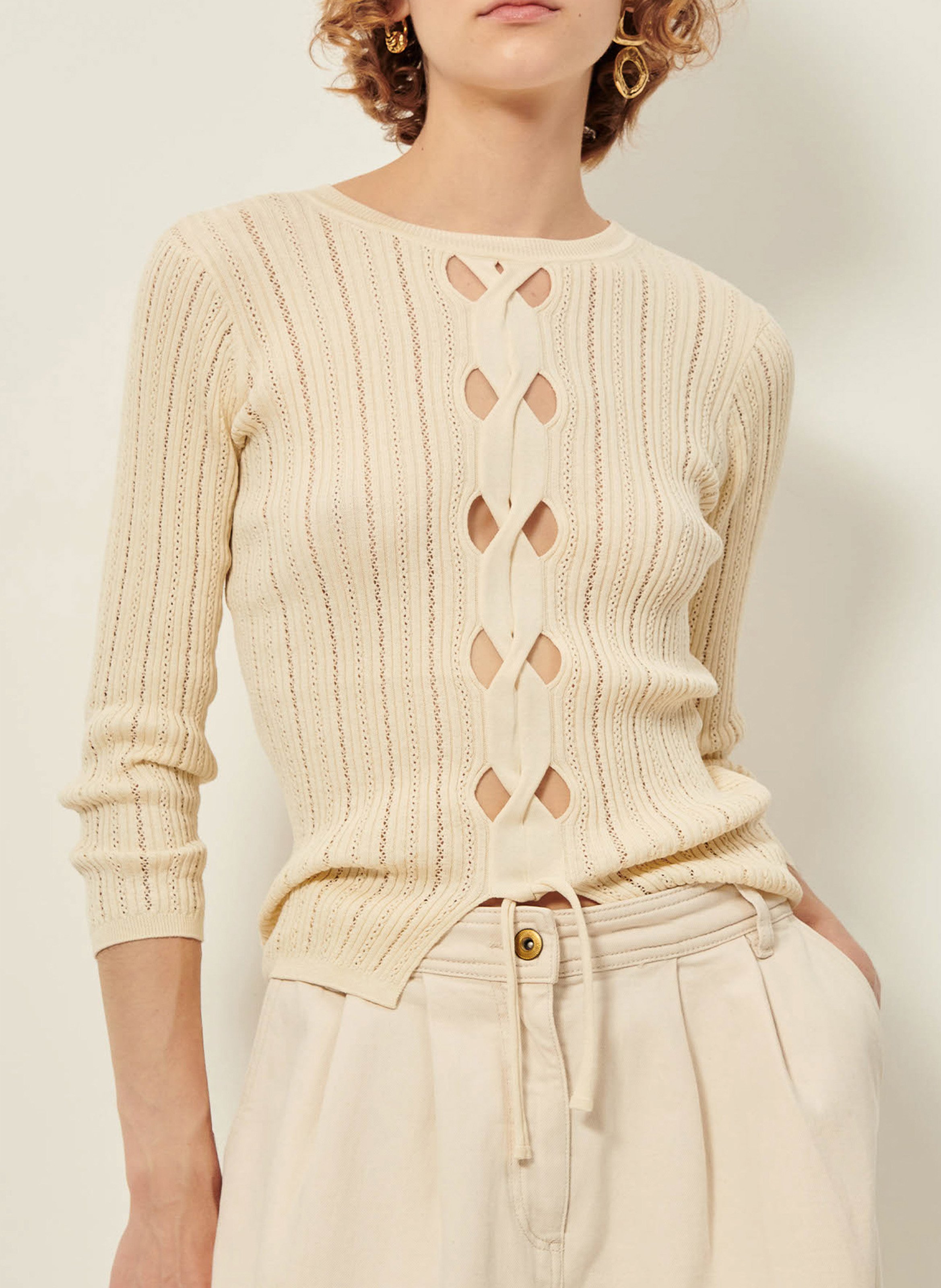 Three-quarter sleeve knit cotton sweater with cutouts SESSUN Beige