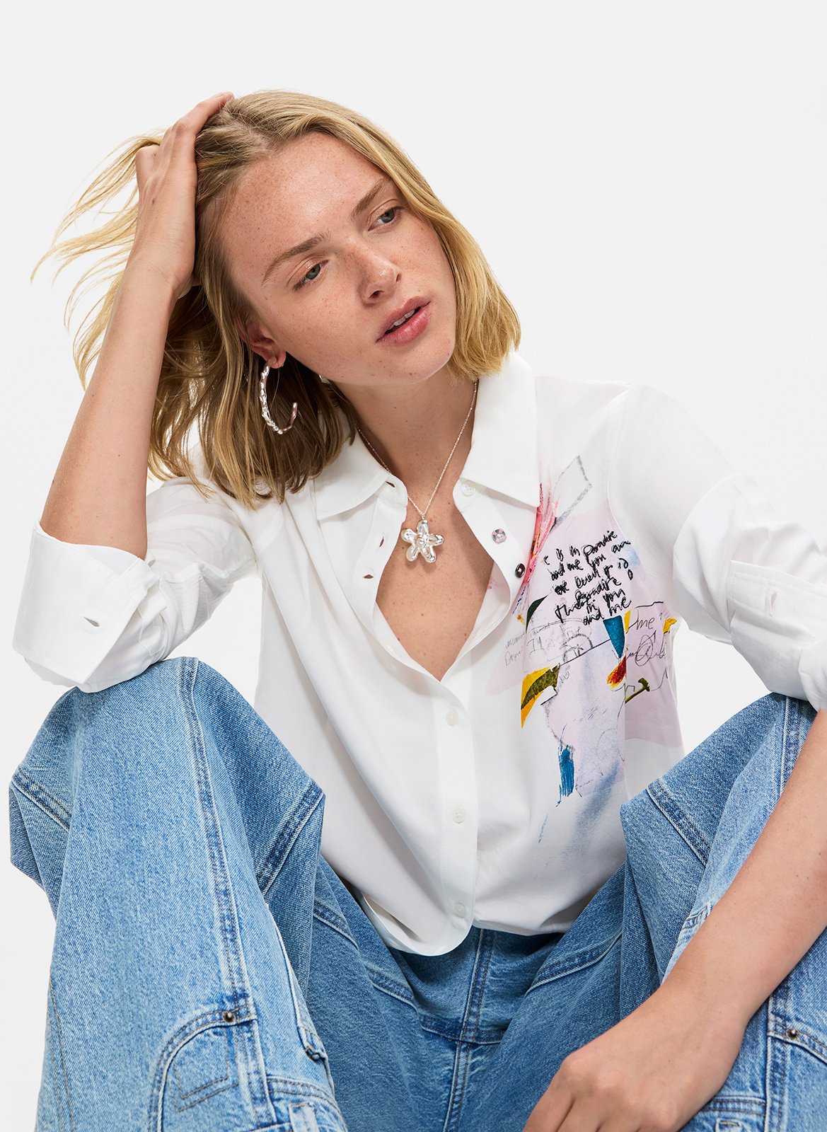 Chemise droite à imprimé devant DESIGUAL Blanc