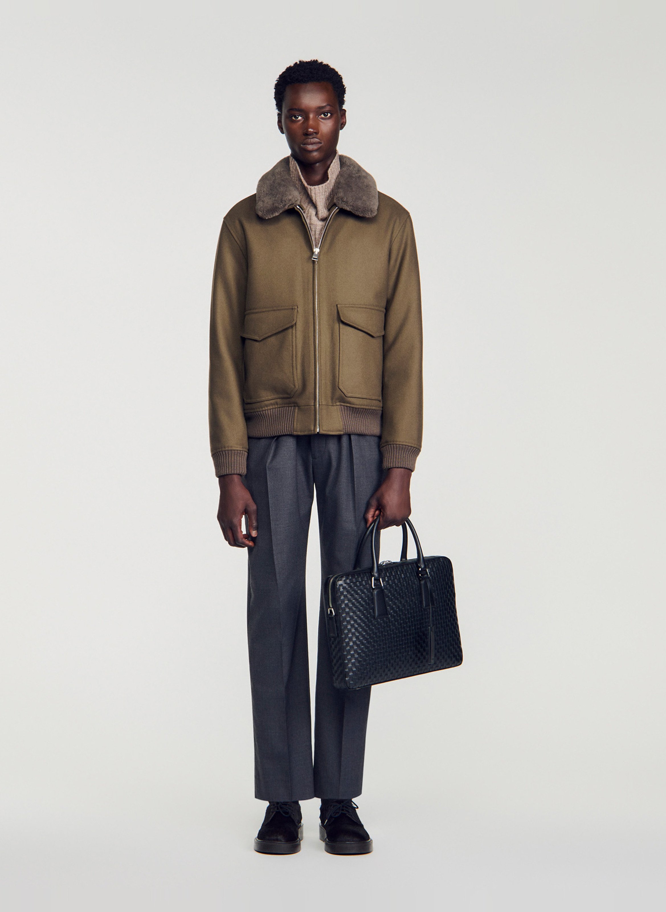 Sac ordinateur classique tressé en cuir SANDRO Zwart