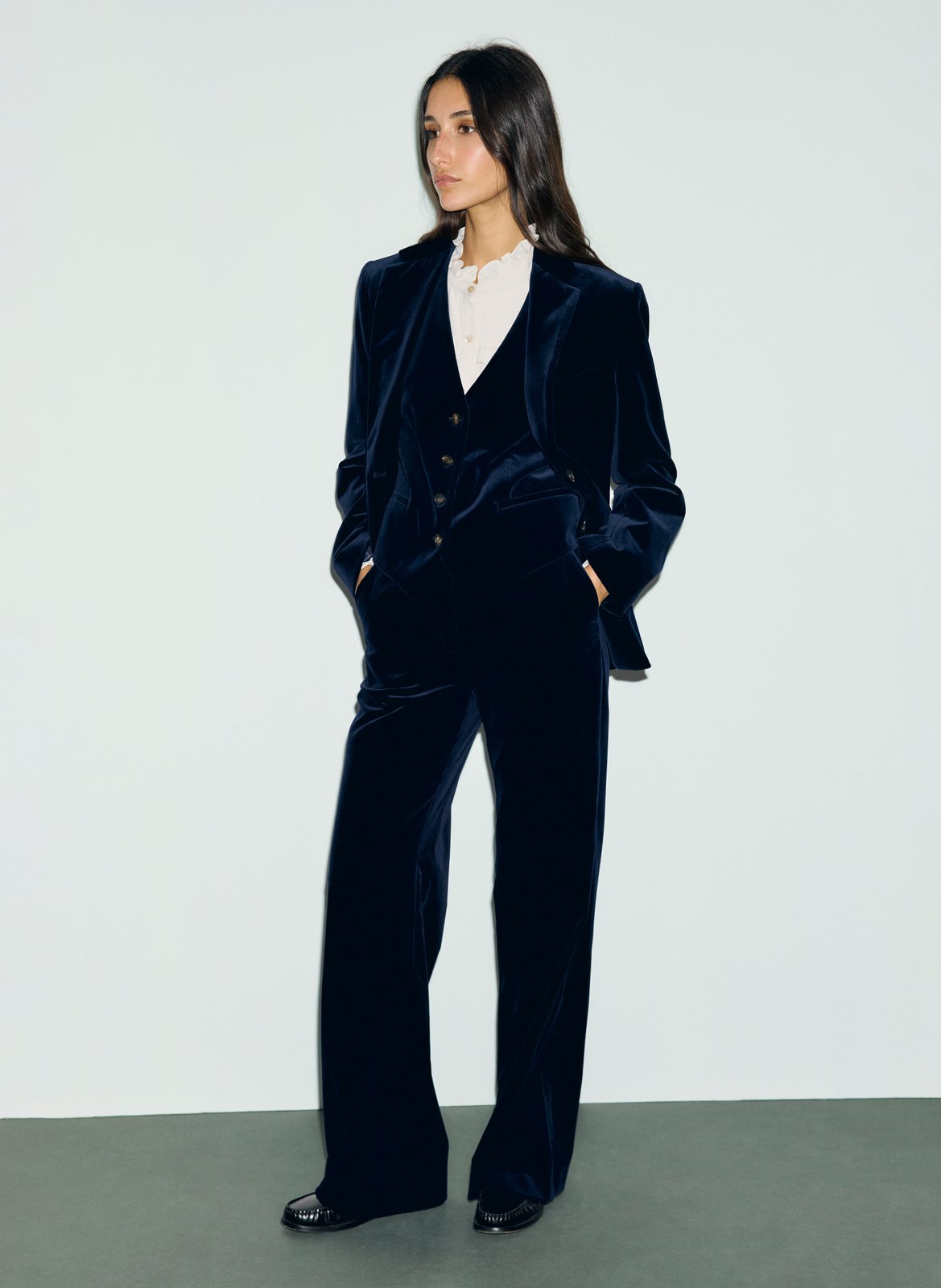 Straight velvet v-neck cotton blend blazer GERARD DAREL Blue