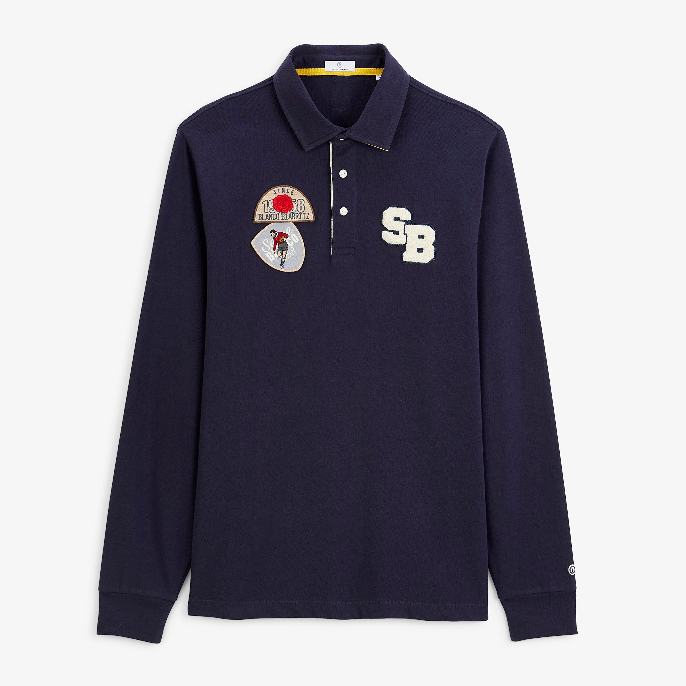 Navy blue long sleeve rugby polo with embroidered badges SERGE BLANCO Blue