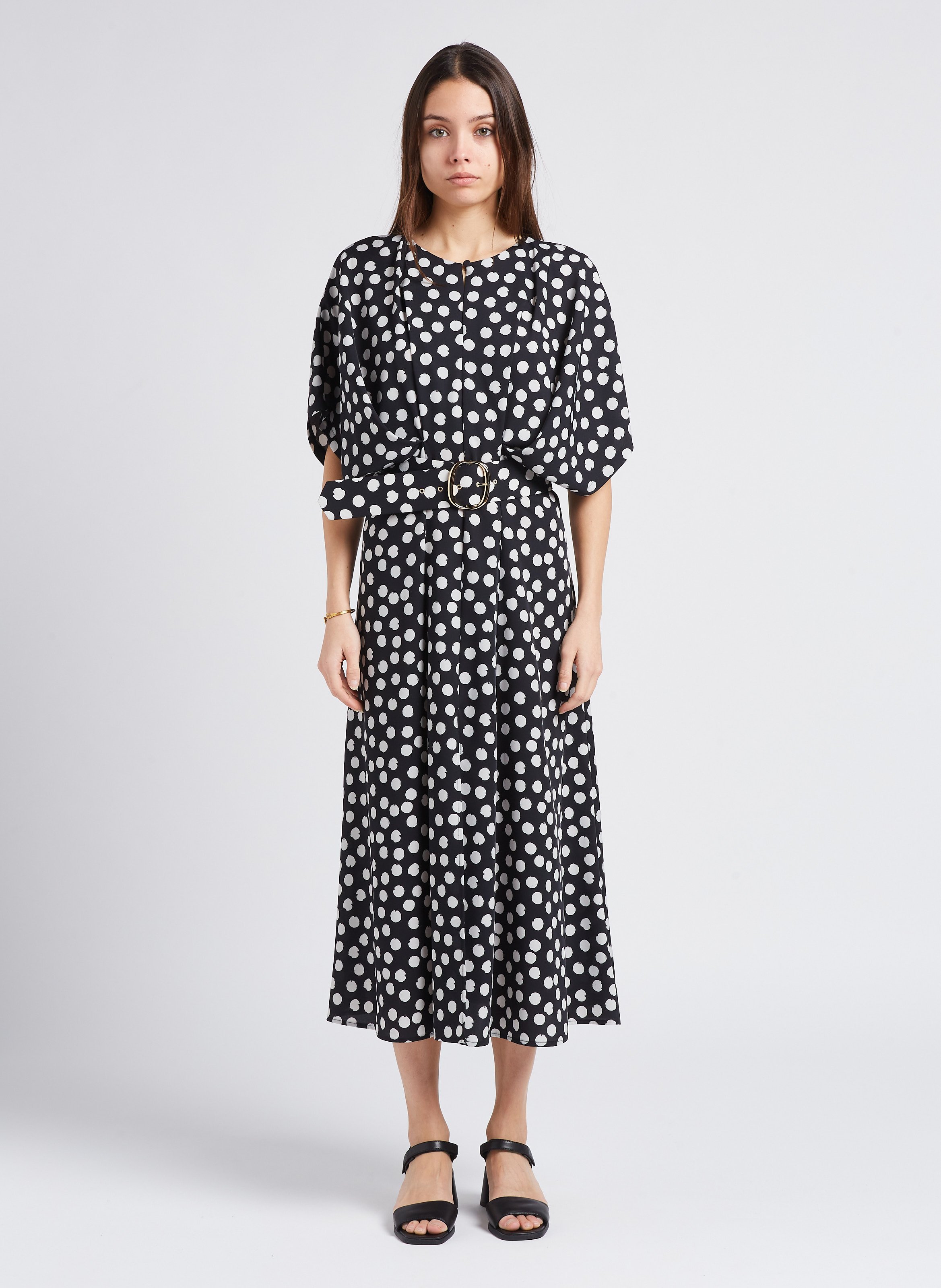 Long fitted polka-dot dress with batwing sleeves IMPERIAL Black