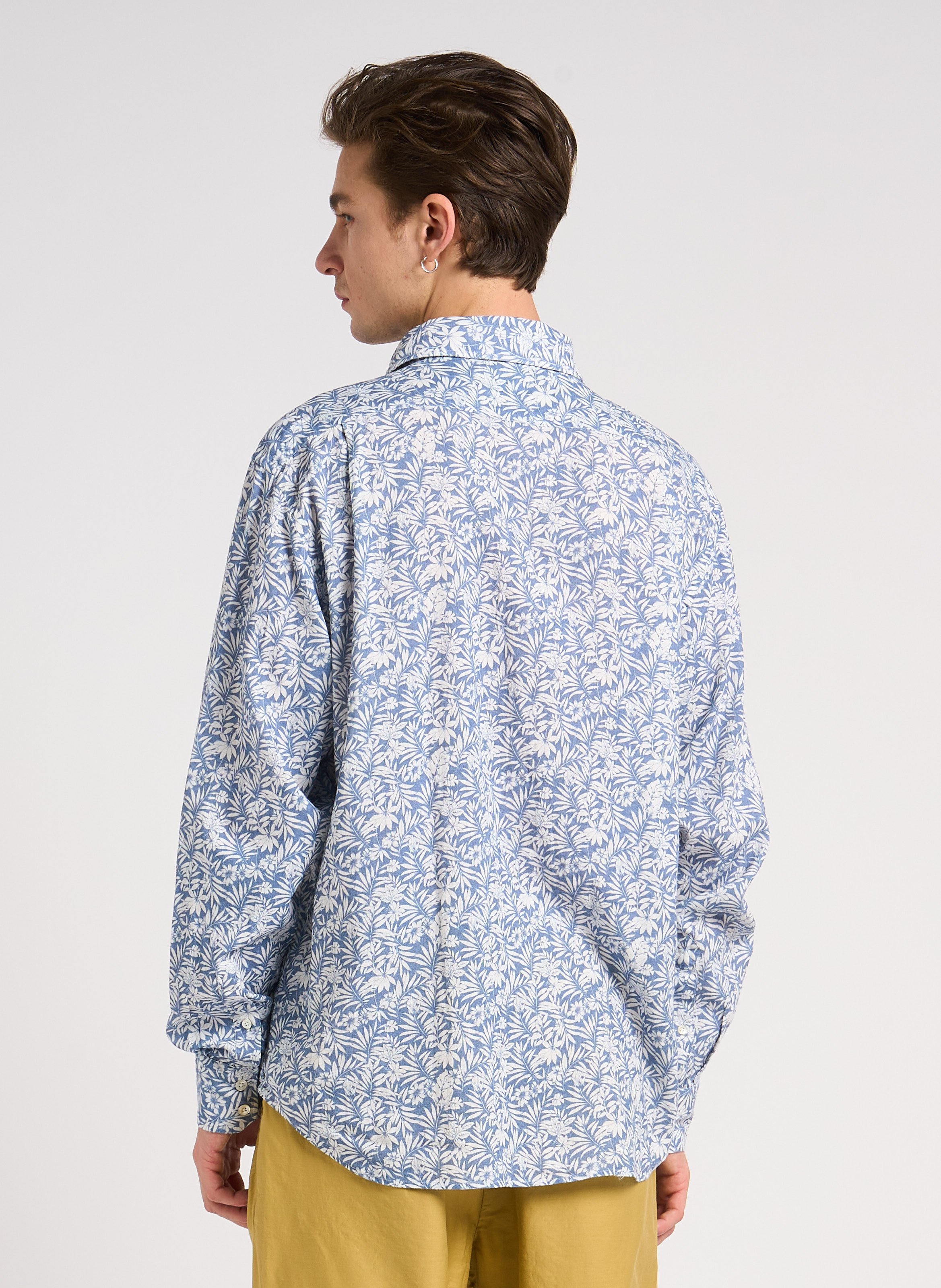 Regular-fit overhemd met plantaardige print in gemengd linnen Blauw