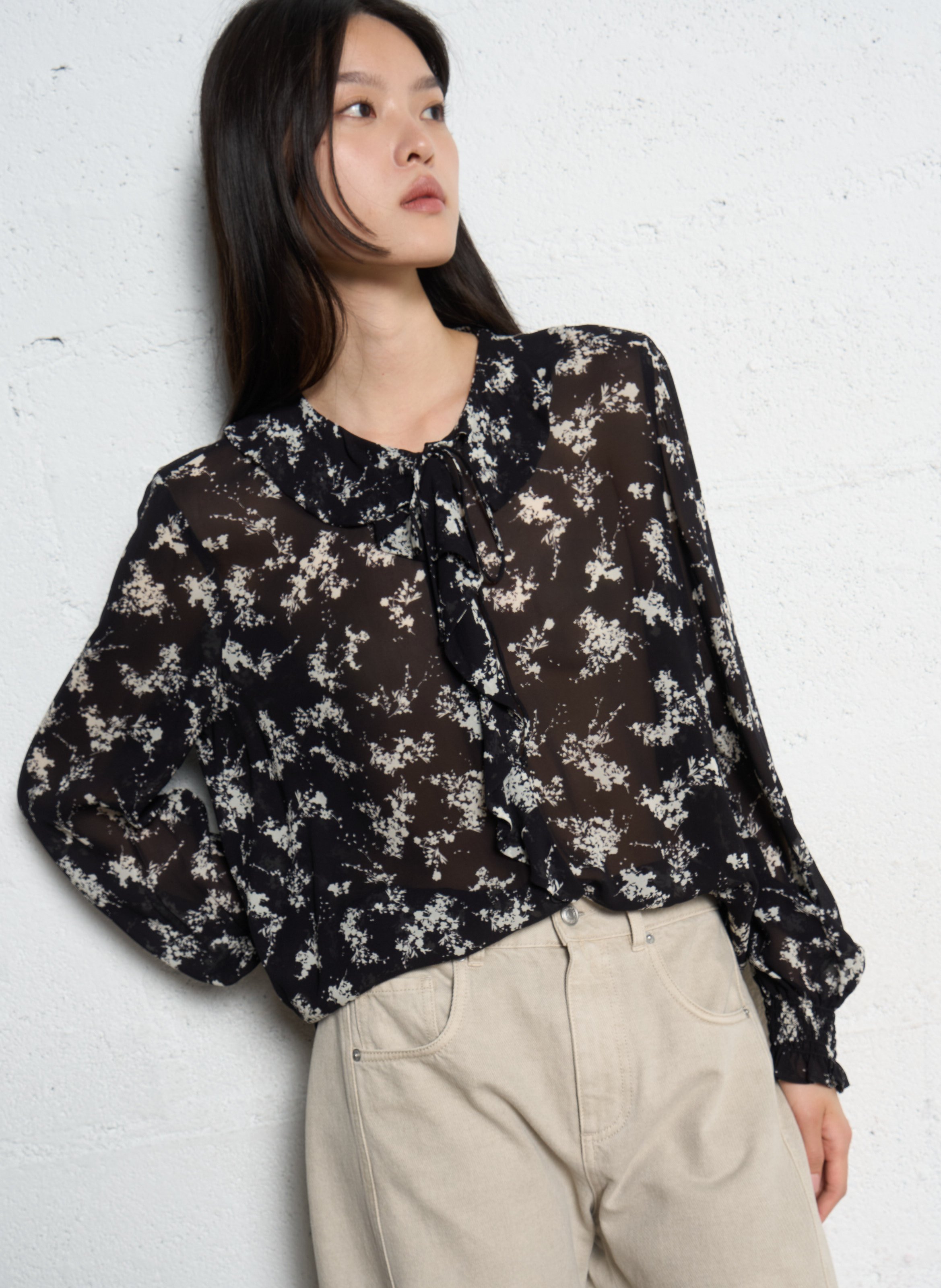 Flowy printed shirt with ruffles IKKS Black