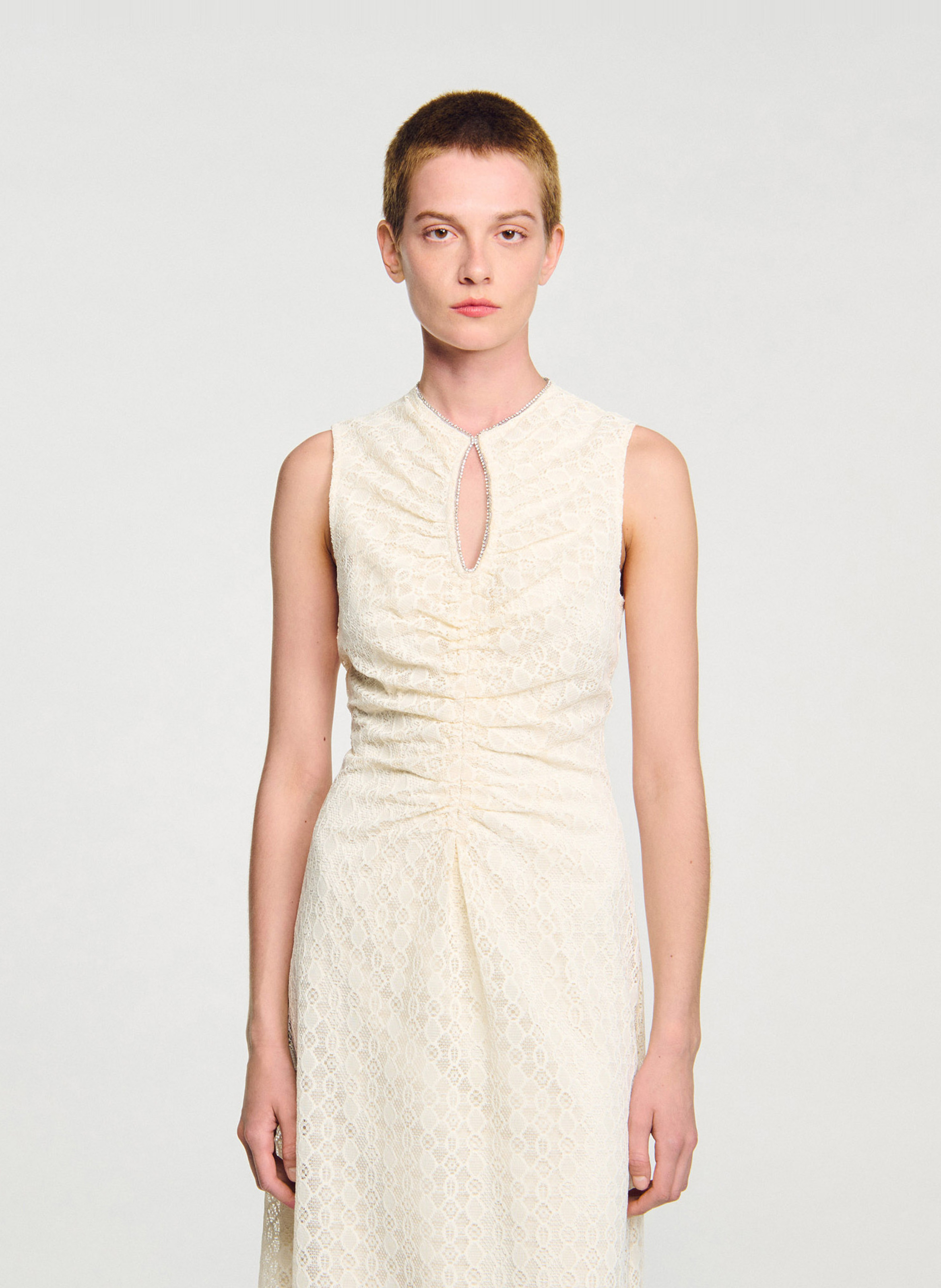 Lange jurk van kant met ronde hals SANDRO Wit