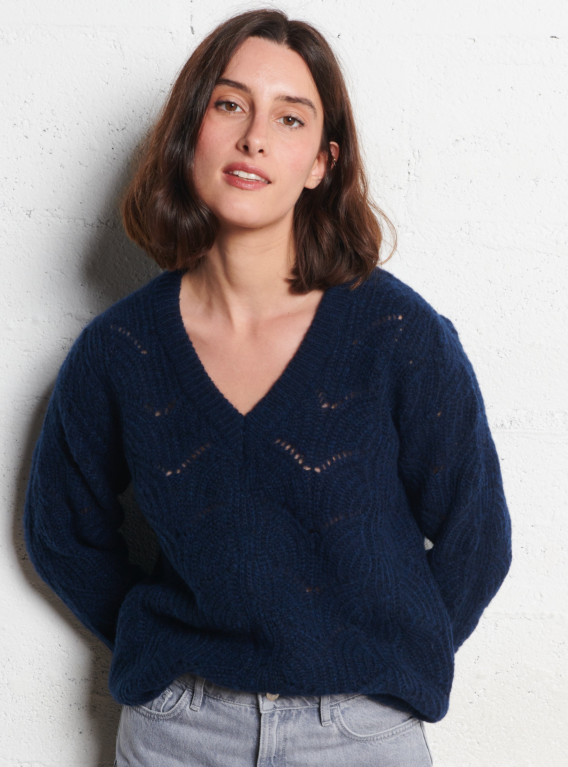 Pull droit col V ajouré en laine mélangée ARMOR LUX Bleu