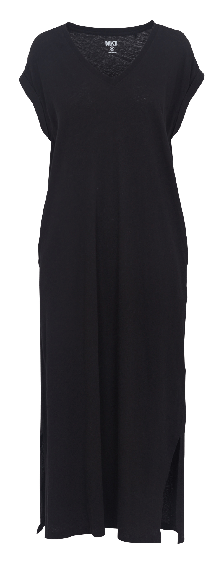 Langes Kleid mit V-Ausschnitt aus Baumwolle und Leinen gemischt MKT Schwarz