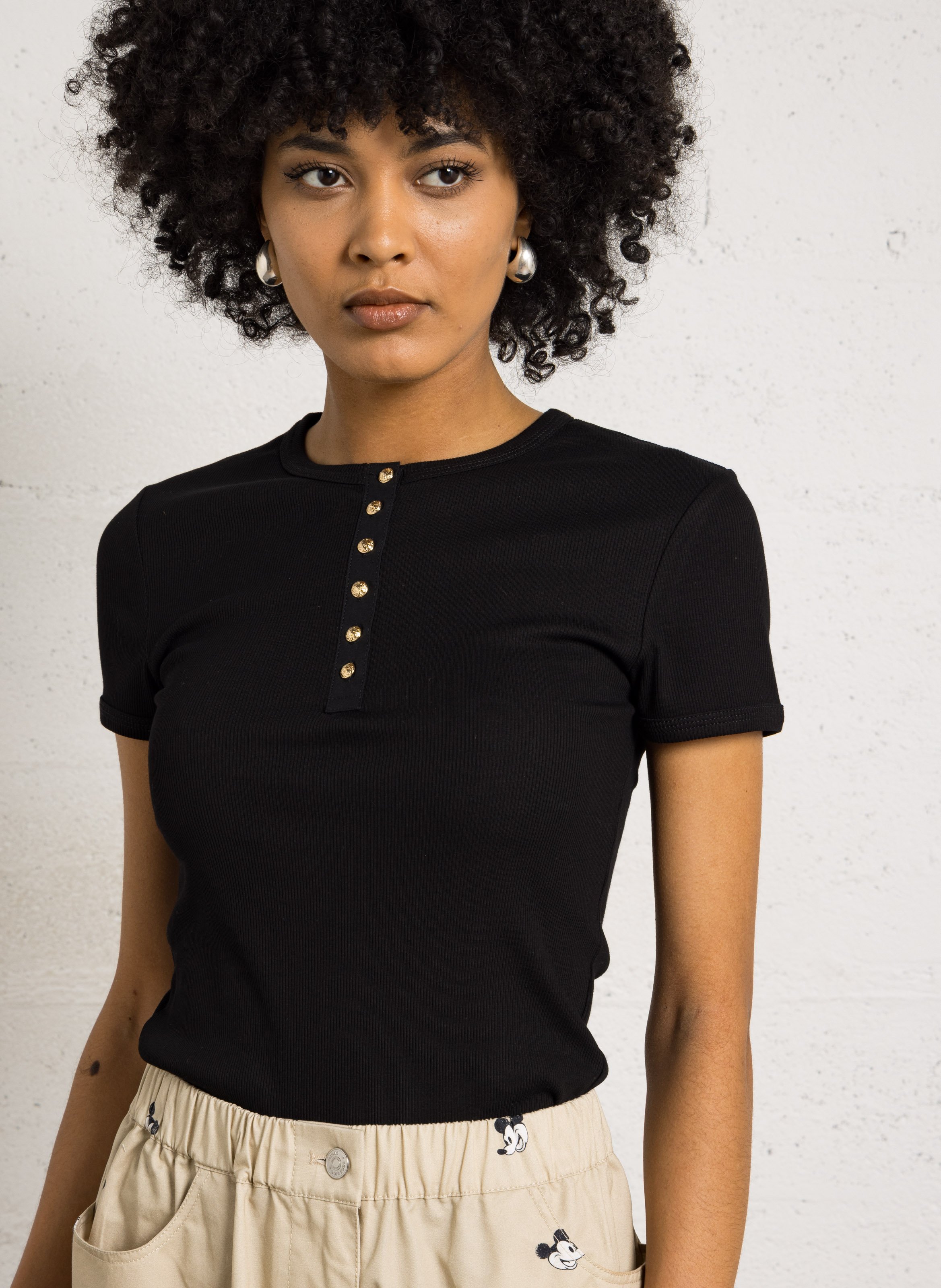 Slim-fit top met ronde hals | katoenblend BERENICE Zwart