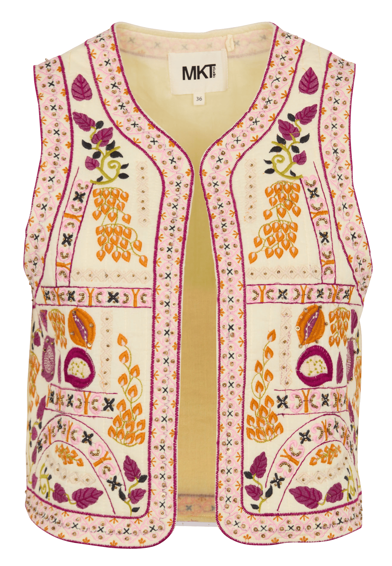 Korte geborduurde mouwloze vest MKT Beige