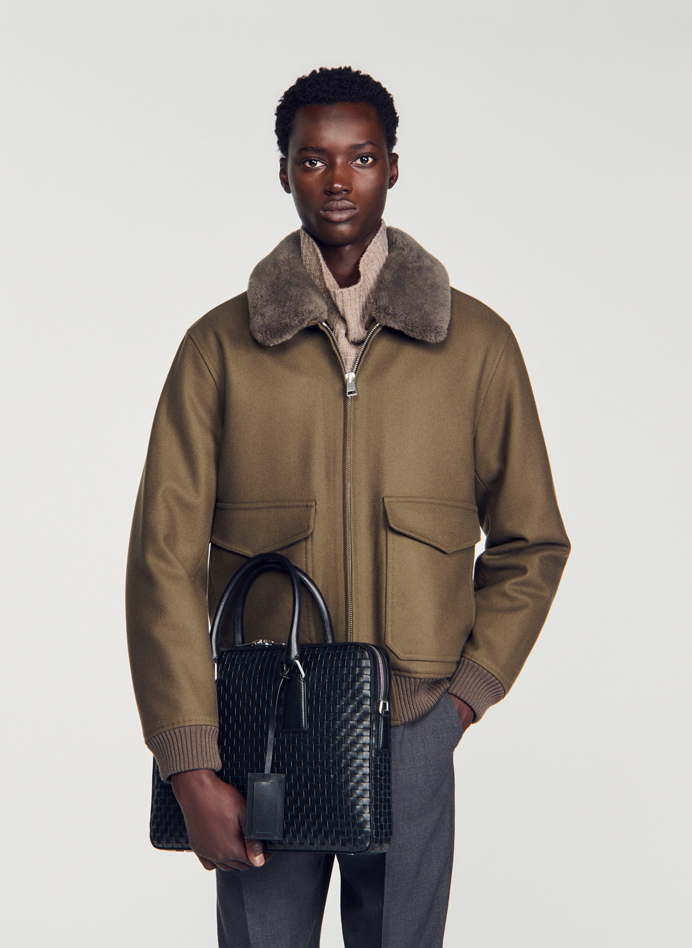 Sac ordinateur classique tressé en cuir SANDRO Zwart