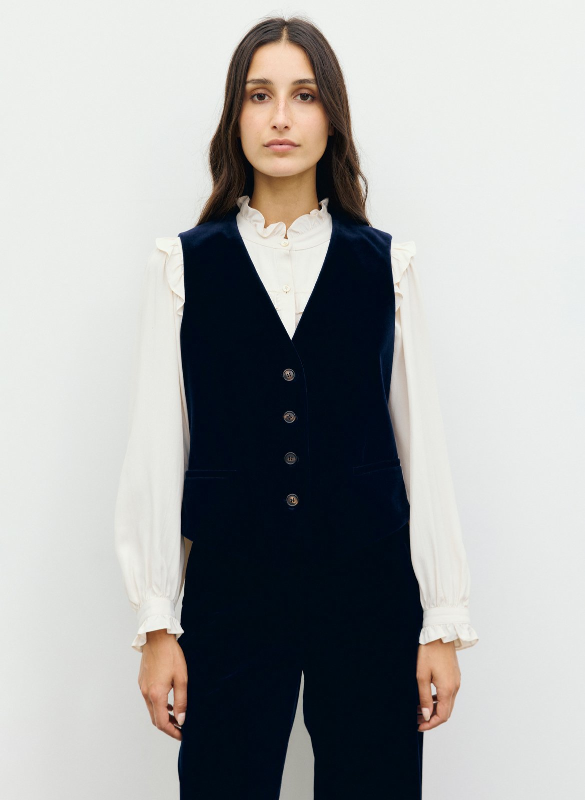 Straight velvet v-neck cotton blend blazer GERARD DAREL Blue