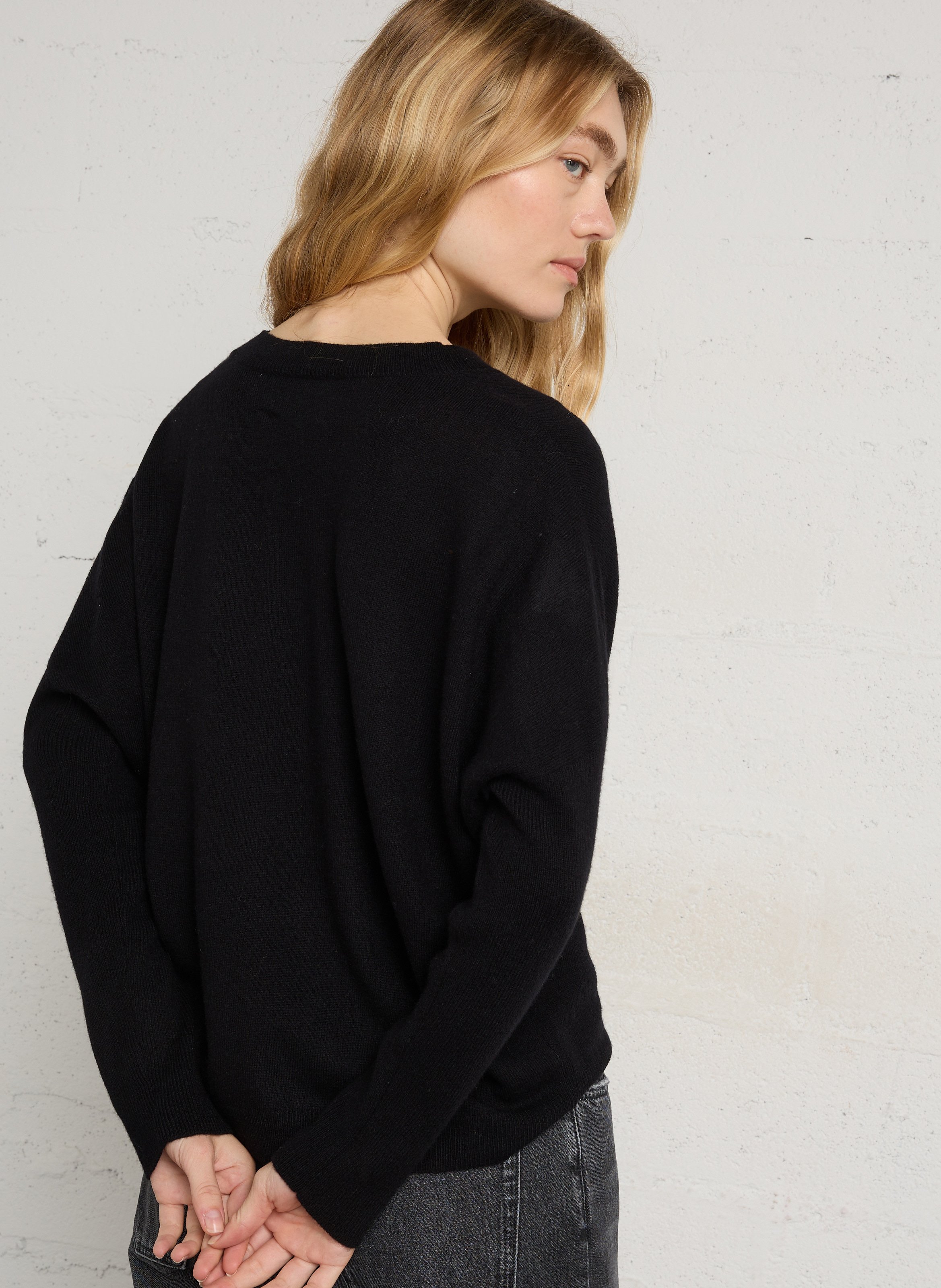Loose-fit wool V-neck sweater with rhinestones BERENICE Black