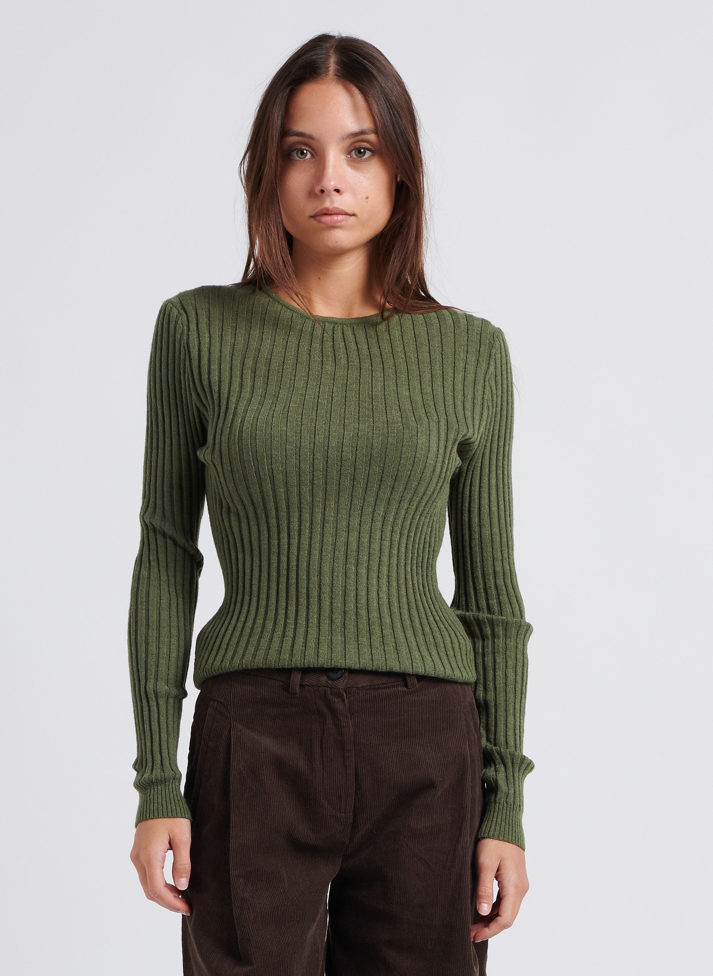 Pull col rond en maille c tel e Kaki