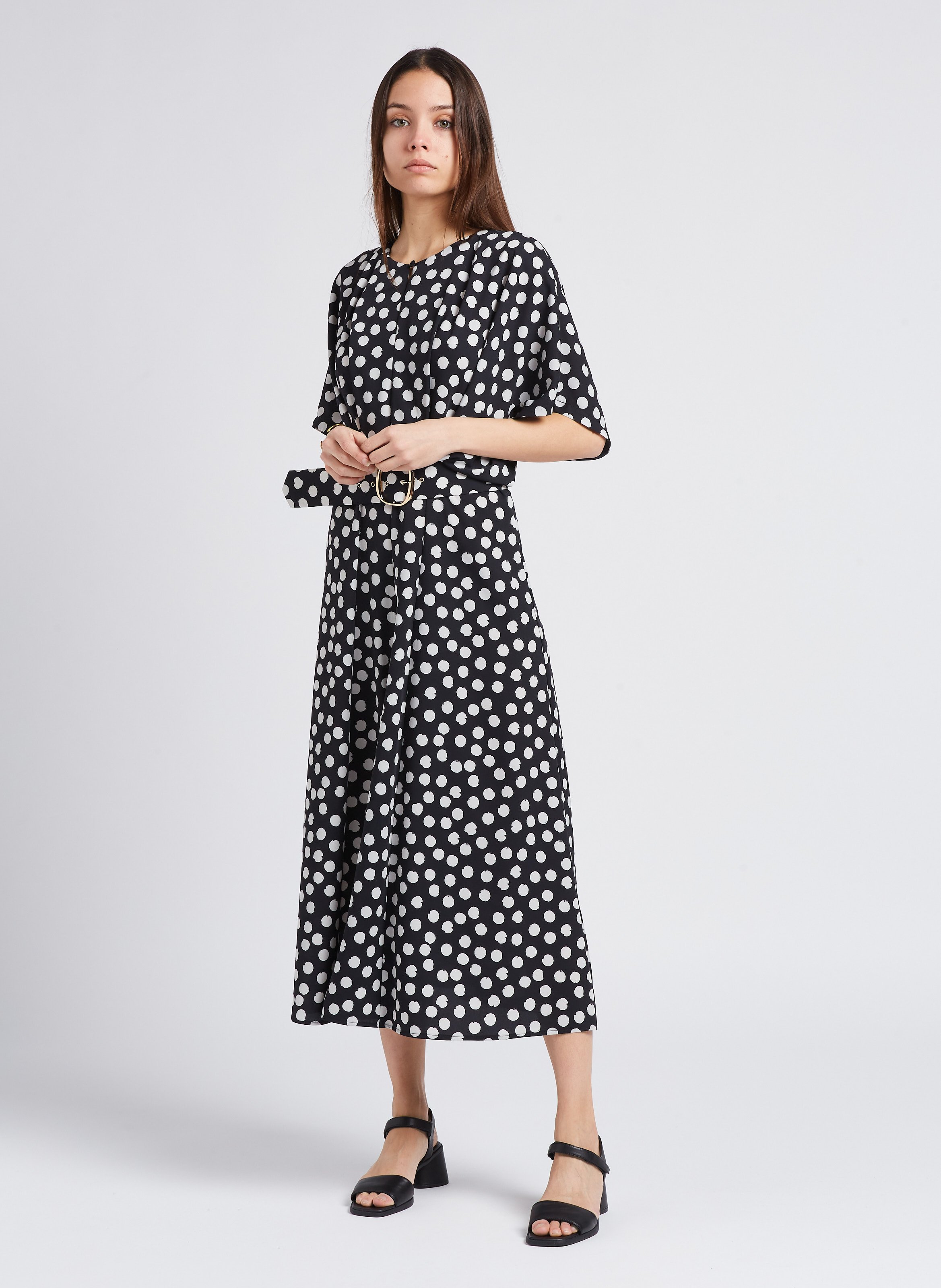 Long fitted polka-dot dress with batwing sleeves IMPERIAL Black