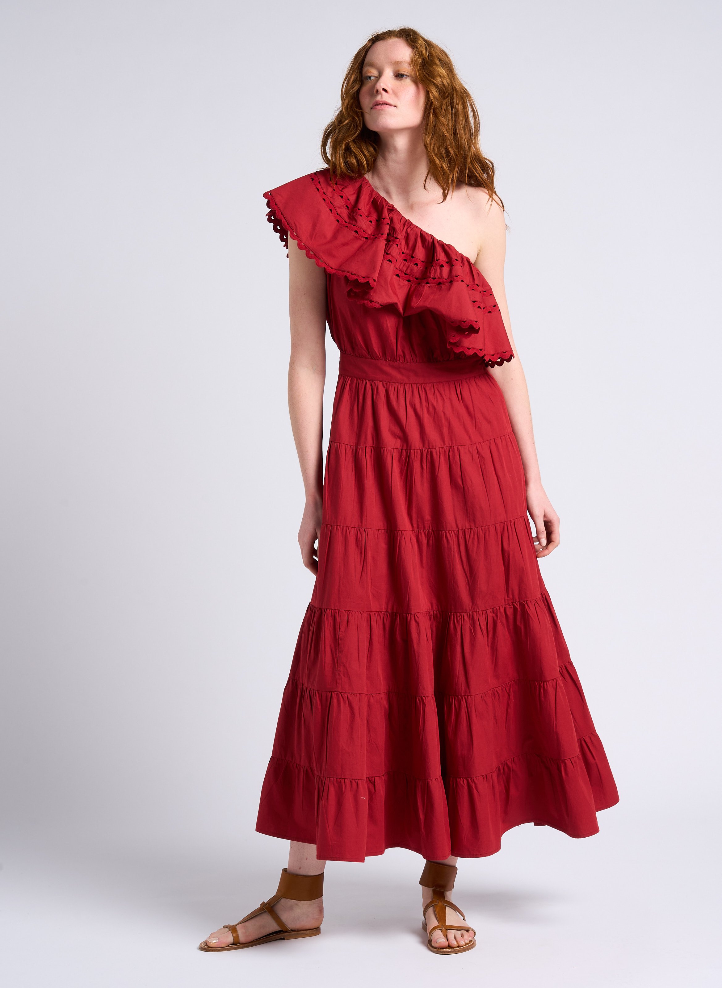 Long asymmetric Bardot collar cotton dress ANTIK BATIK Brown