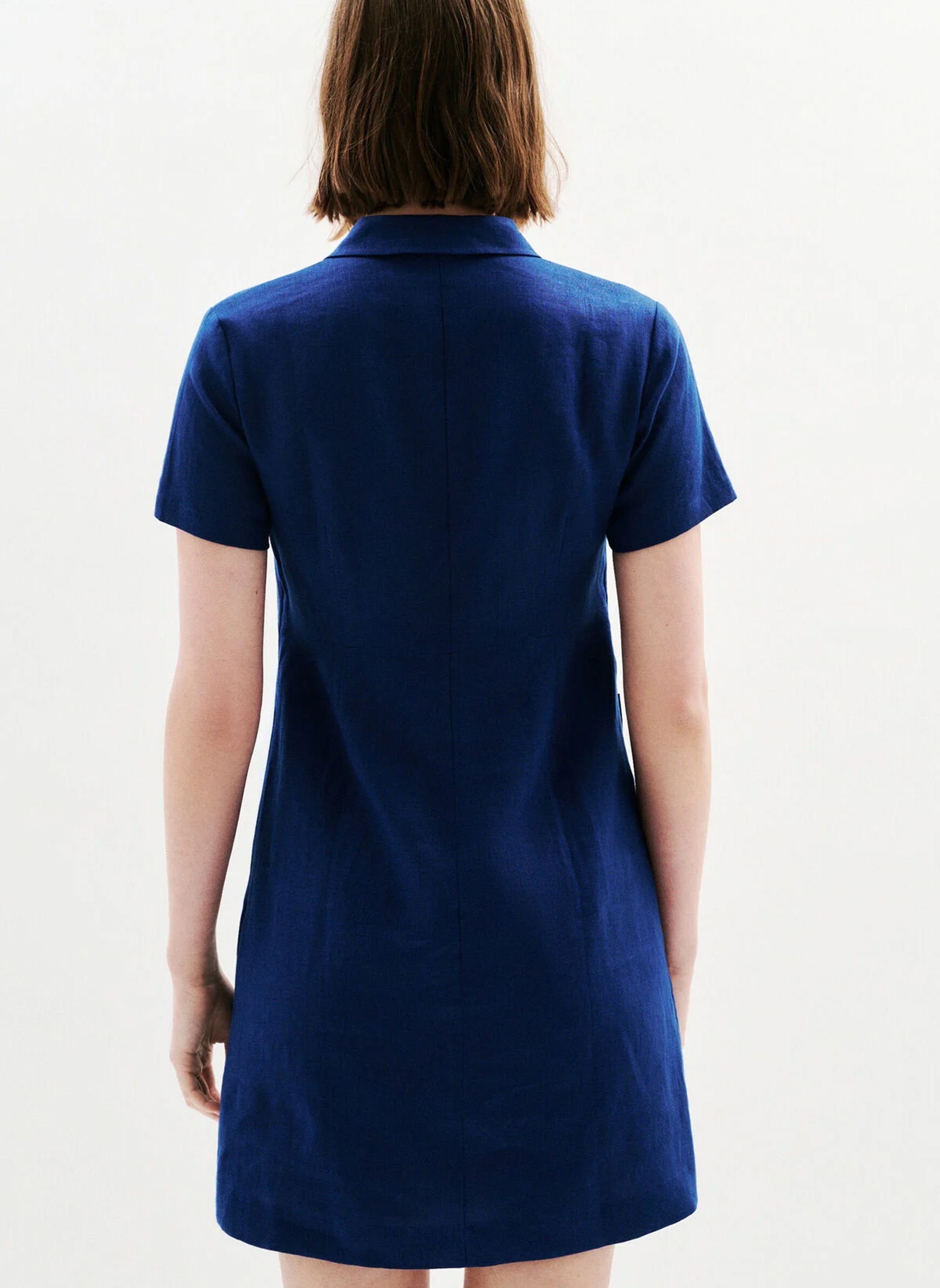 Robe courte droite boutonnée en lin CAROLL Bleu