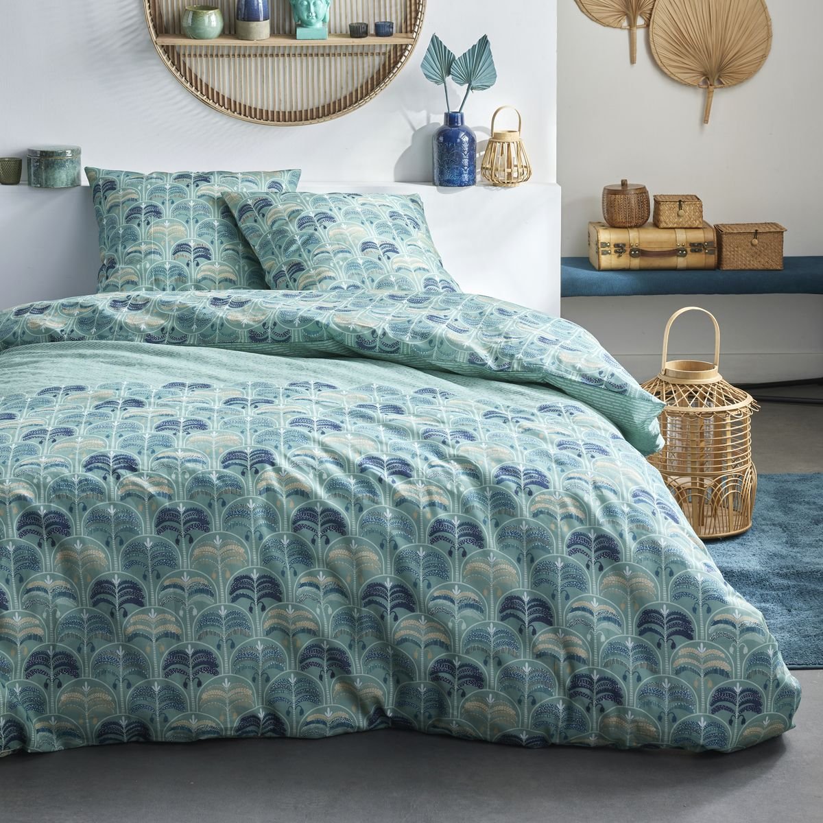 Printed cotton bed set Green