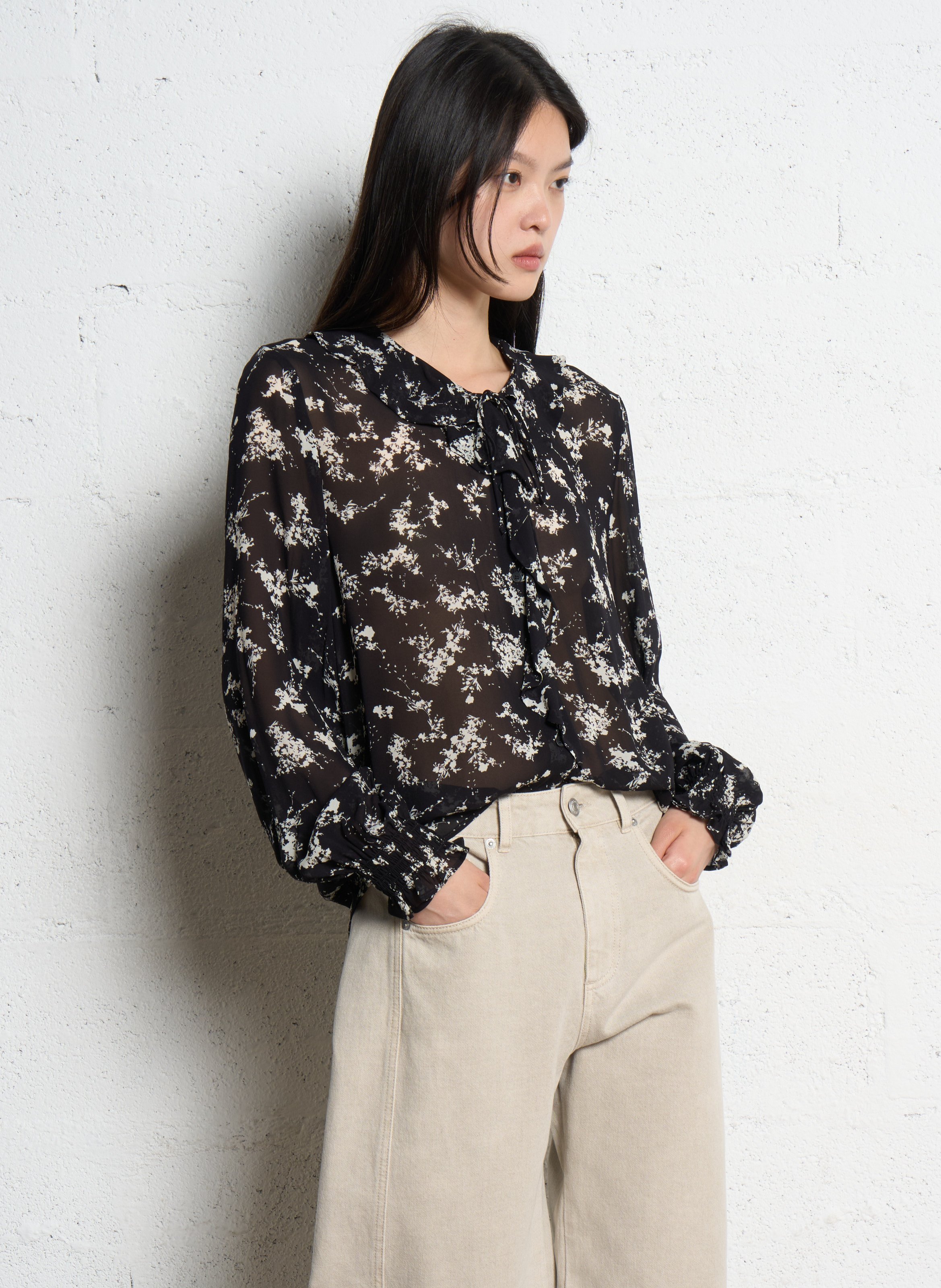 Flowy printed shirt with ruffles IKKS Black