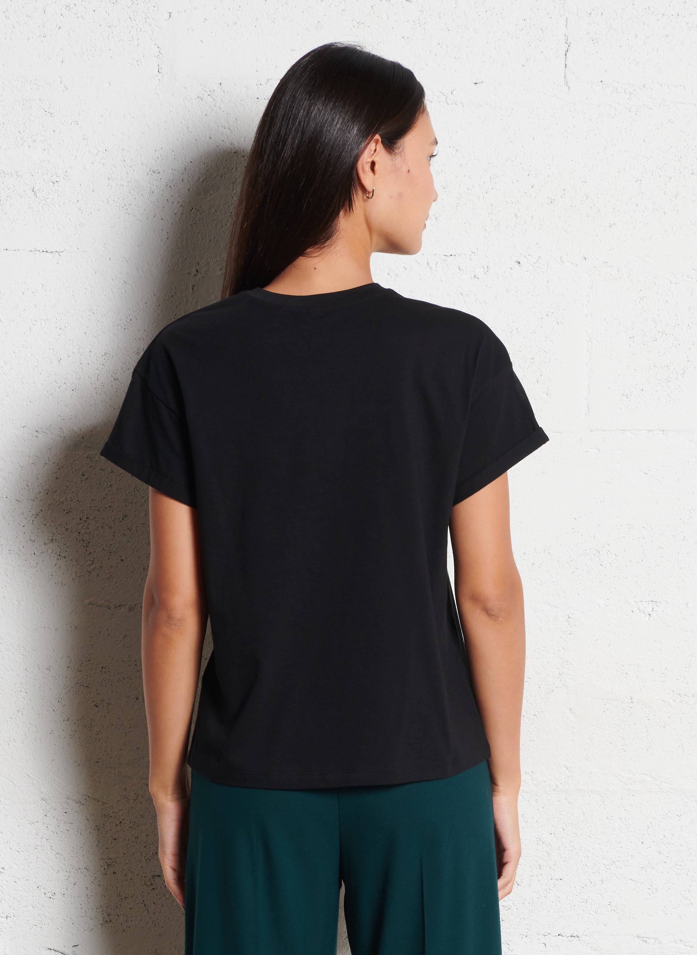 Straight round-neck cotton T-shirt with screen print I CODE Black