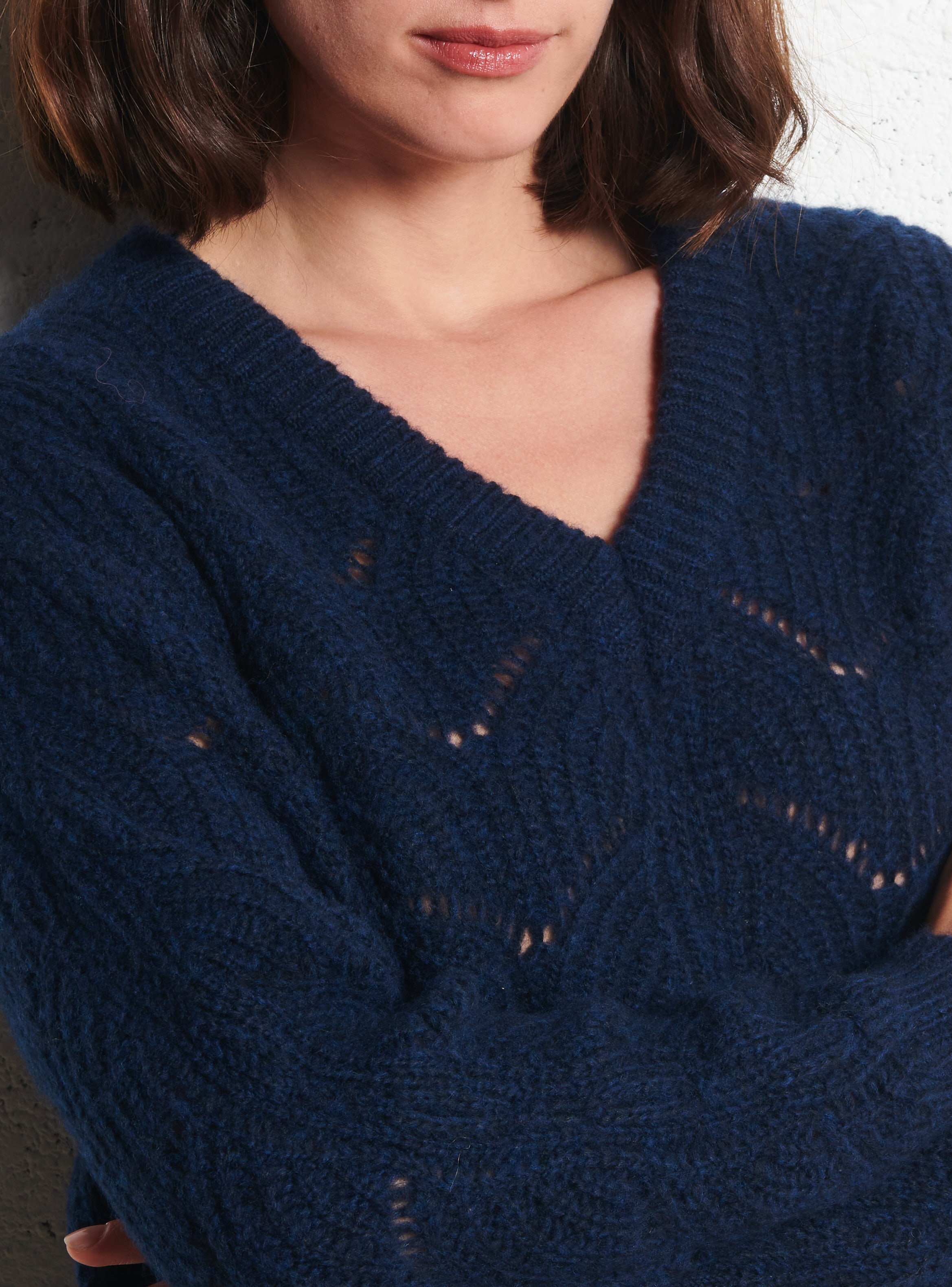 Pull droit col V ajouré en laine mélangée ARMOR LUX Bleu