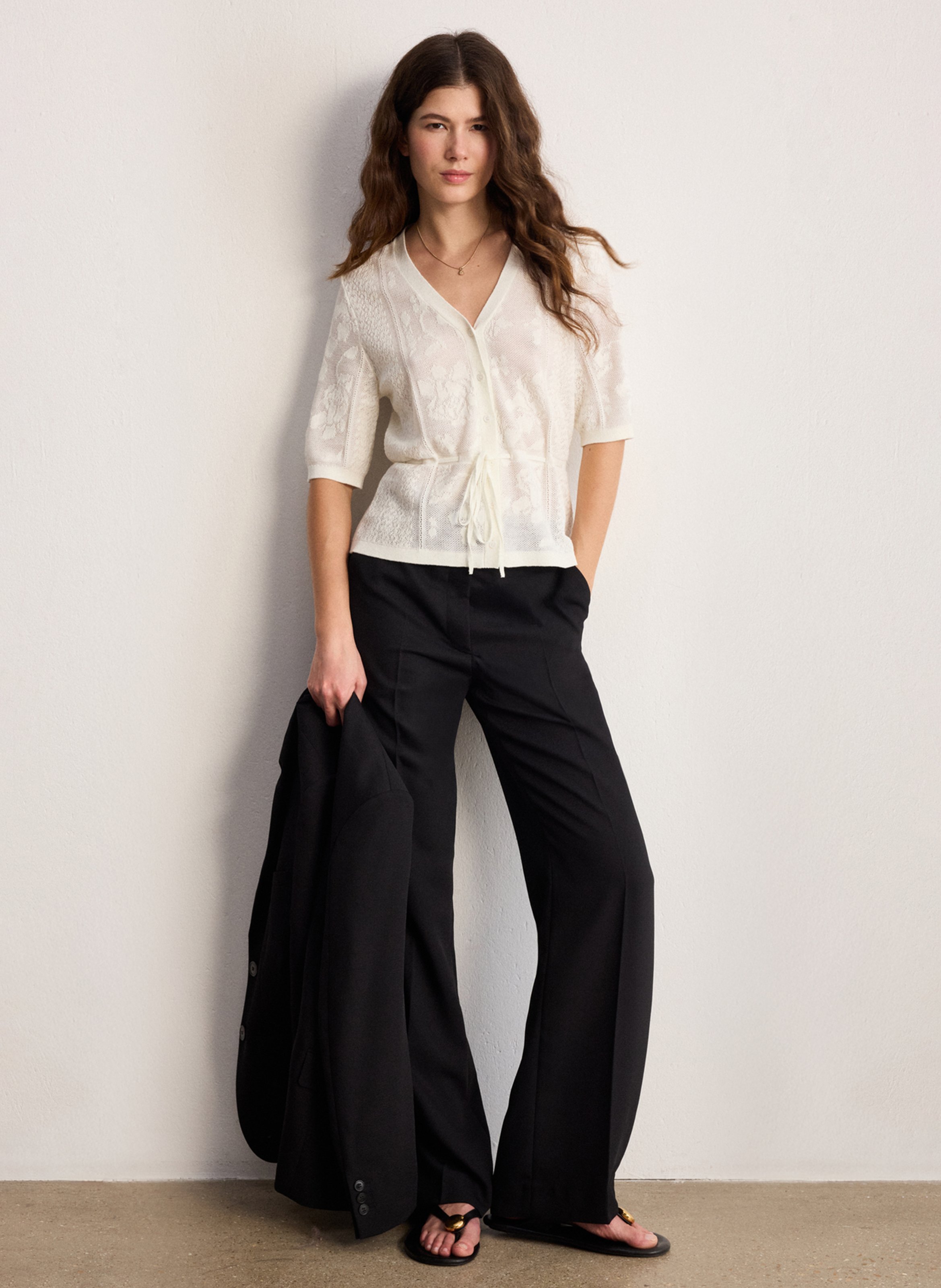 Gilet droit col V en coton mélangé PABLO Beige